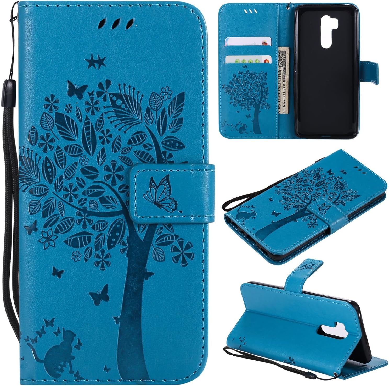 For LG G7 Thinq Case,For LG G7 Wallet Case with Screen Protector,For LG G7 PU Leather Protective Case Emboss Cat and Tree Folio Magnetic with Card Holder Kickstand and Flip Case for LG G7 Thinq Black  HAOTP Blue  