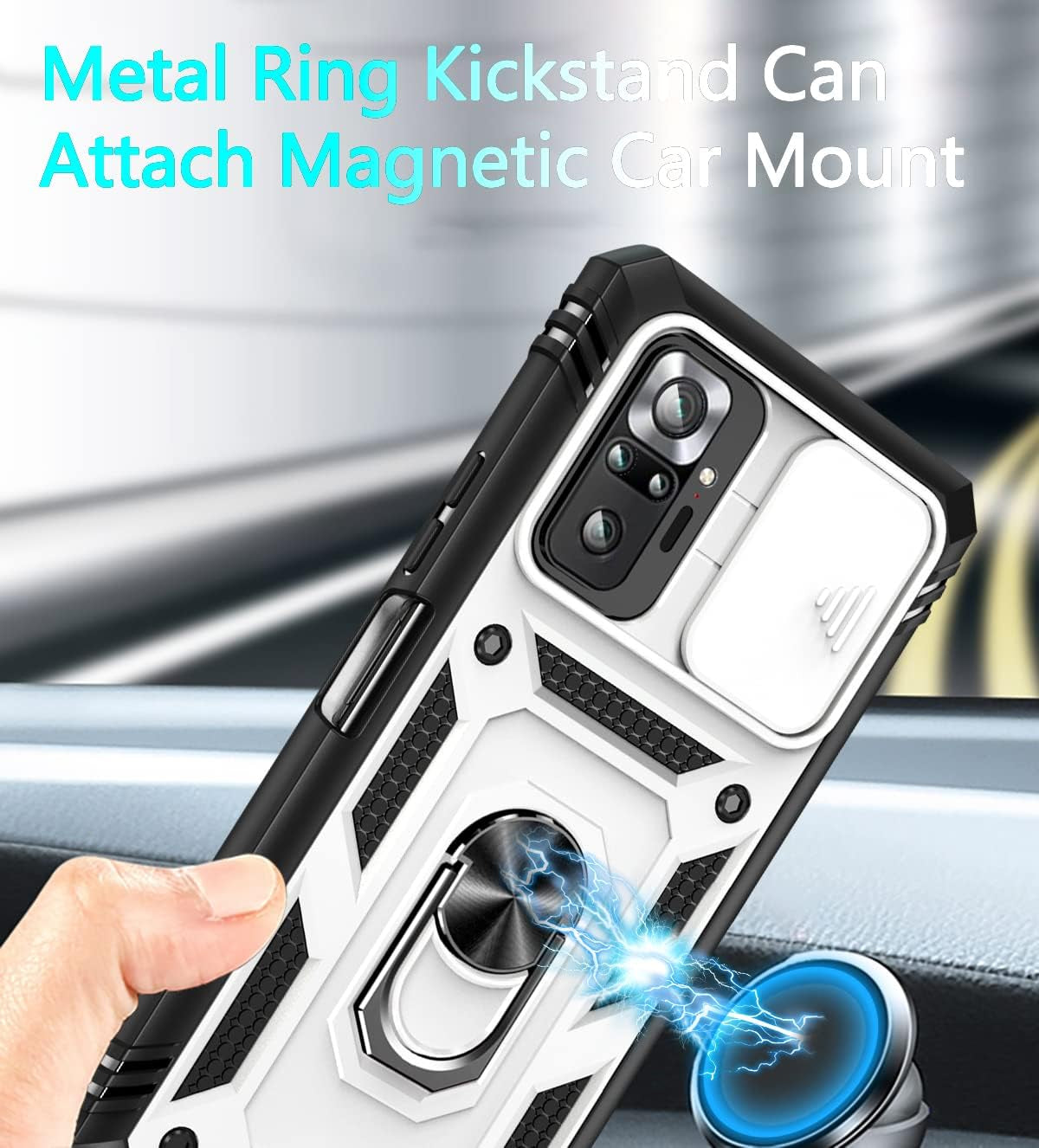 Xiaomi Redmi Note 10 Pro Case, Redmi Note 10 Pro MAX Case with 3 Pcs Tempered Glass Screen Protector Built in Ring Stand Kickstand + Camera Cover, Hard PC Soft TPU Defender Full Body Armor Case -White  ANOUKE   