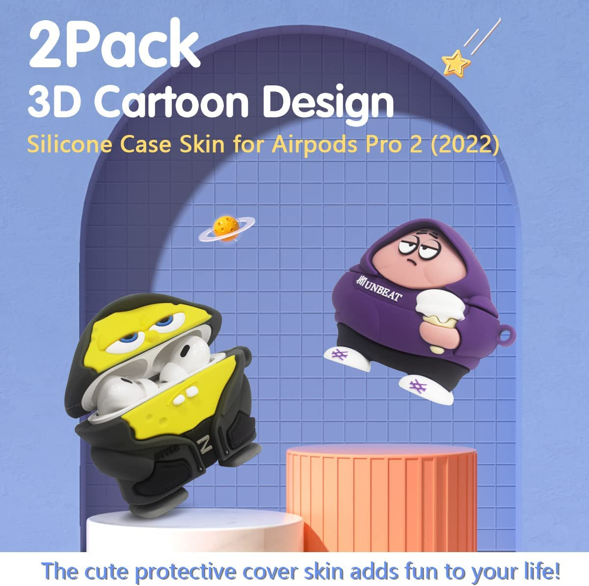 [2Pack] Case for Airpods Pro 2Nd Generation 2022, Cute Airpods Pro 2 Cartoon Character Case, Unique Design Funny Fun Kawaii 3D Cartoon Characters Soft Silicone Airpods Pro 2 Case Cover for Men Women  AIBEAMER   