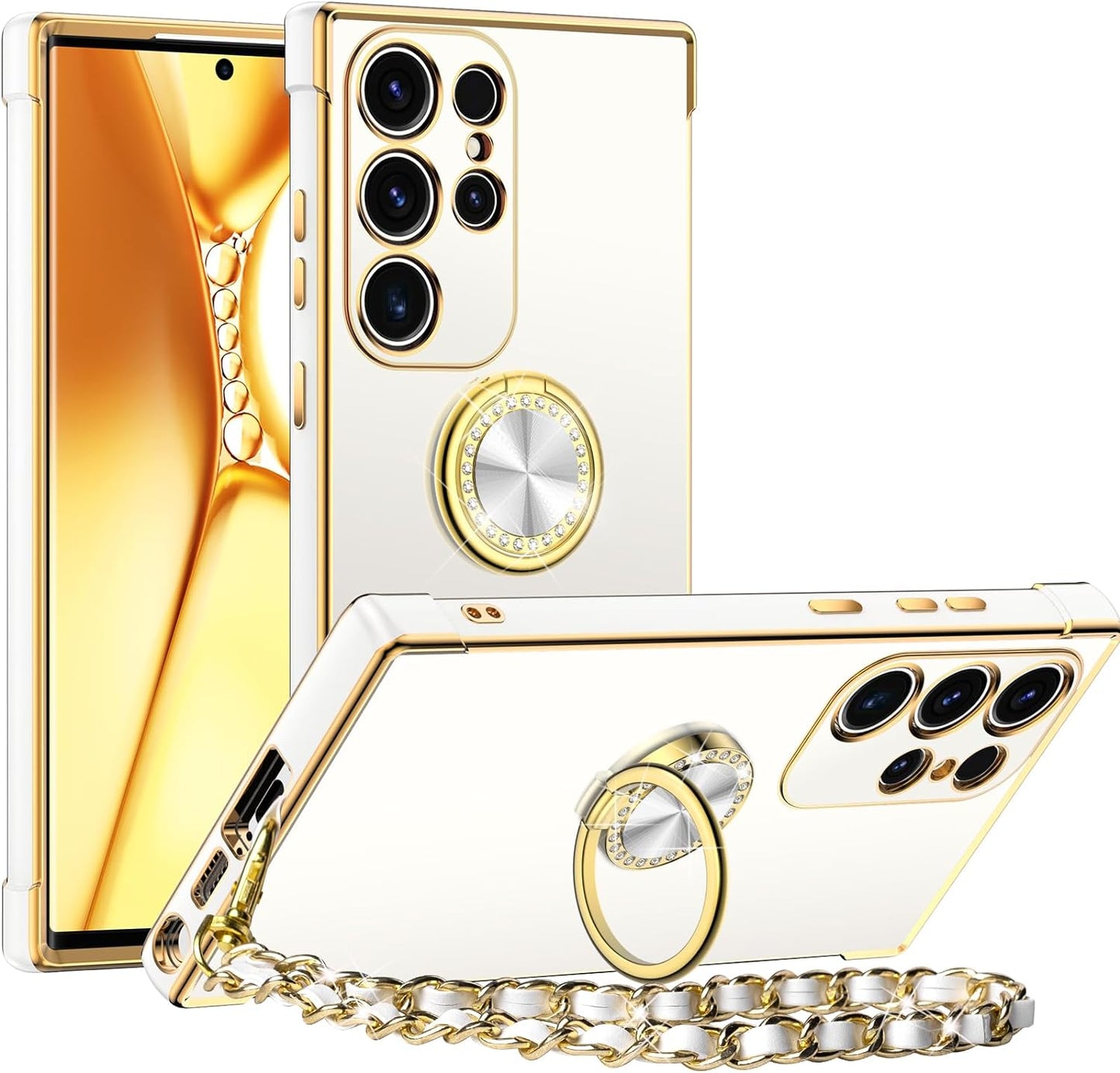 Miss Arts for Samsung Galaxy S22 Ultra Case, Ring Holder Stand Luxury Bling Electroplated Phone Case with Strap, Cute Soft TPU for Samsung S22 Ultra Cover for Women Girls, White  Miss Arts inc   