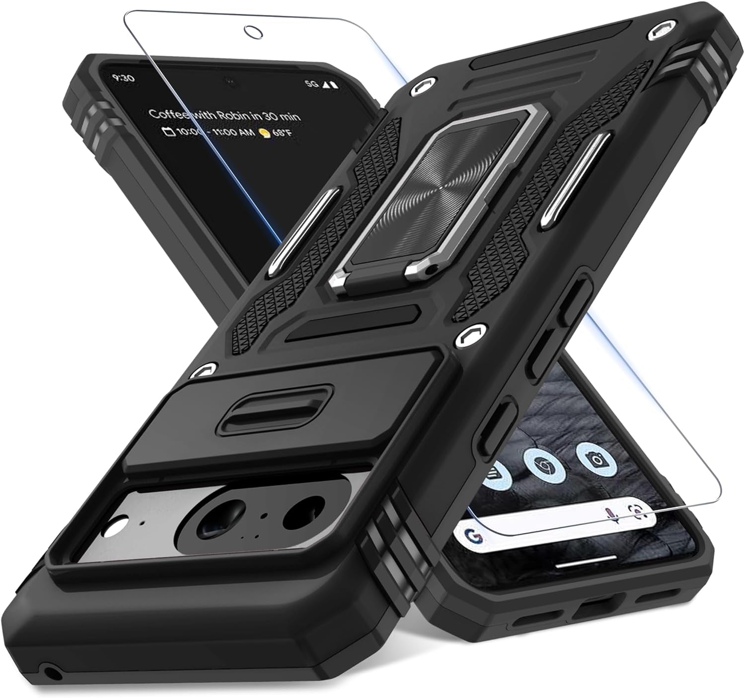 DEERLAMN for Google Pixel 8 Case with Slide Camera Cover+Screen Protector (1 Pack), Rotated Ring Kickstand Military Grade Shockproof Heavy Duty Protective Cover -Navy Blue  DEERLAMN Black Google Pixel 8 