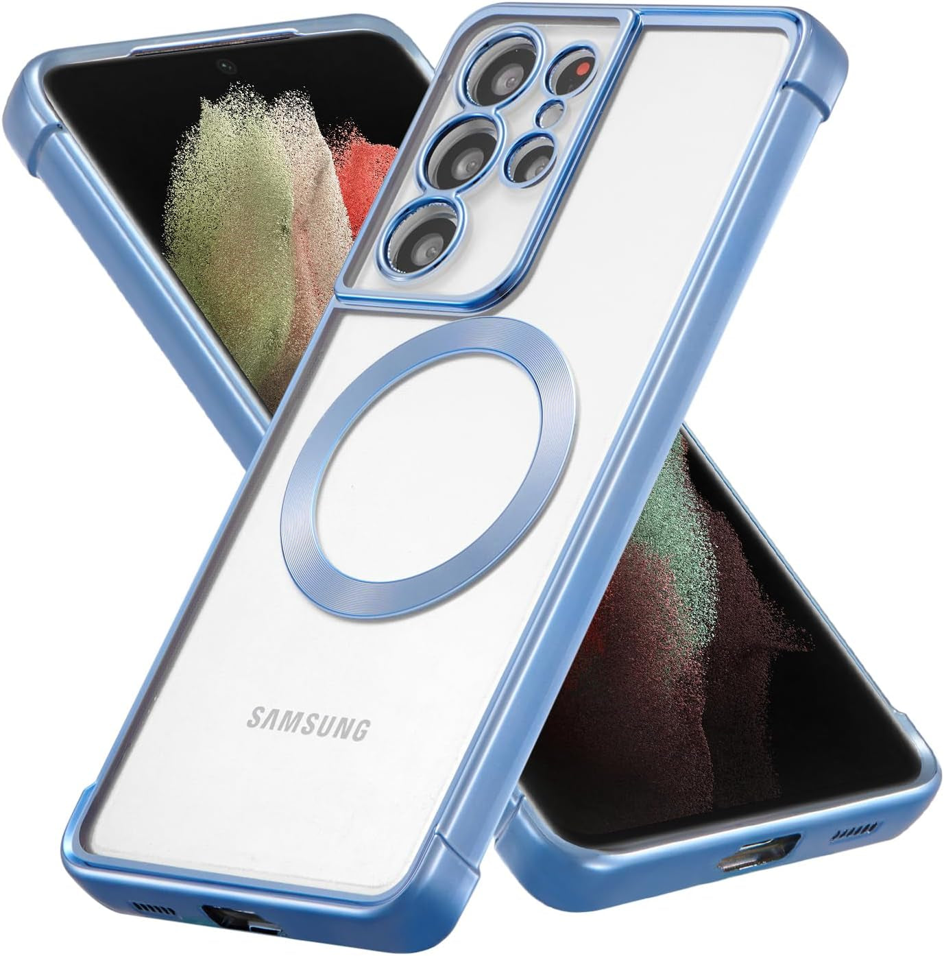 RALEAVO Magnetic Case for Samsung Galaxy S21 Ultra Clear Case Cover [Compatible with Magsafe & Military Grade Drop Protection] Transparent Shockproof Slim Plated Phone Case - Gold  RALEAVO Blue  