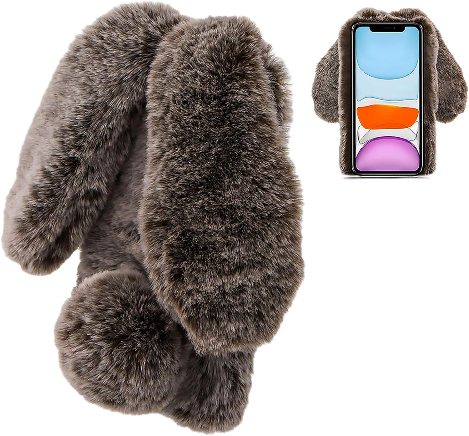 LCHDA Rabbit Case for Oneplus Nord N200 5G, Cute 3D Bunny Ears Soft Furry Hairball Fuzzy Warm Winter Faux Fur Plush Fluffy Flexible TPU Bumper Women Girls Protective Skin Cover - Brown  LCHDA   
