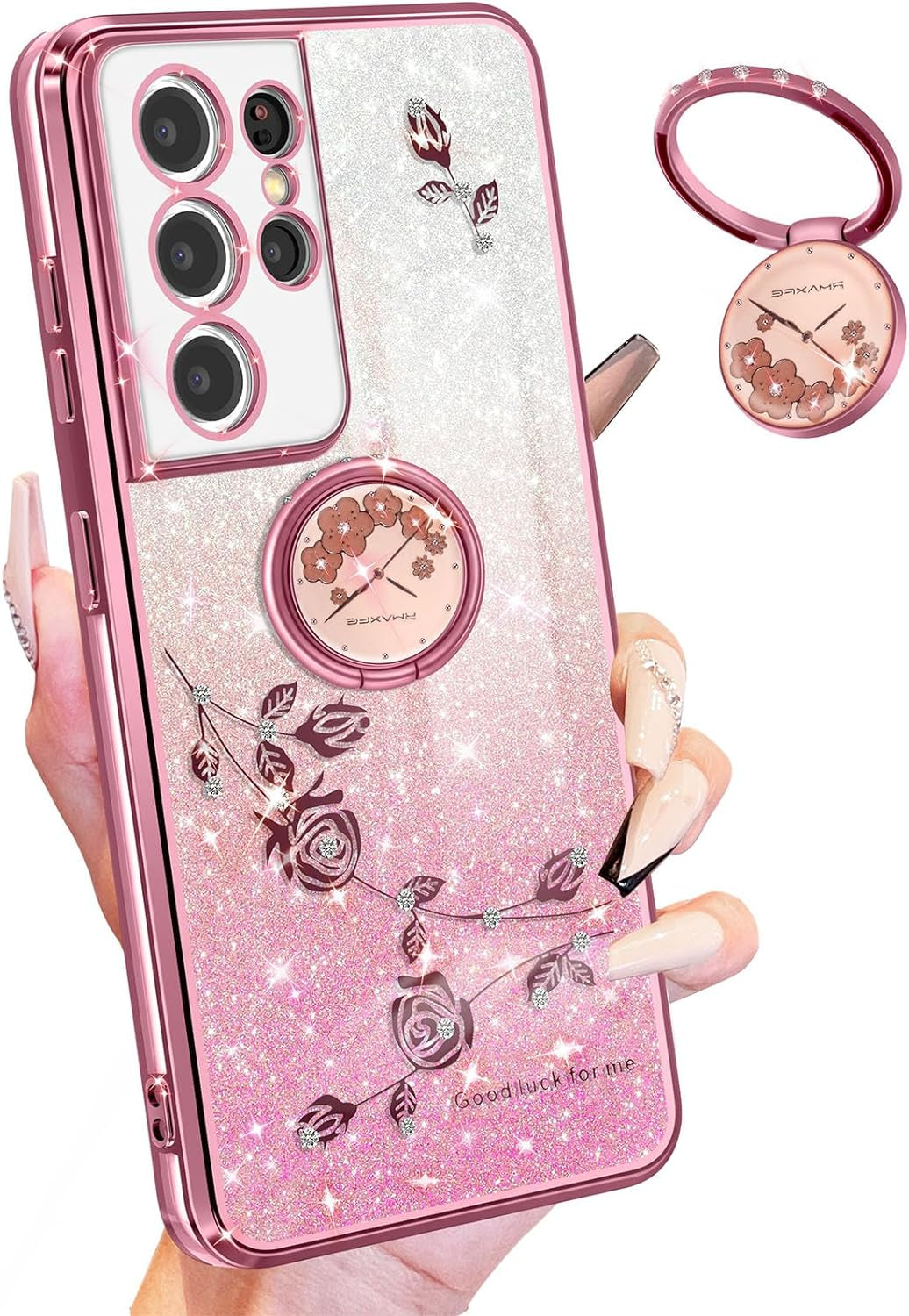 Coralogo (3In1 for Samsung Galaxy S21 Ultra Case Glitter Sparkly for Women Girls Sparkle Girly Bling Shiny Cover Cute Flowers Flora Unique Design with Ring Pretty Cases for Galaxy S21 Ultra 5G 6.8''  Coralogo   