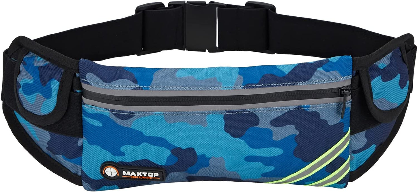 【2 Packs Family Share Bundle】Fanny Packs for Women Men Running Belt Waist Pack Bag for Workout Gym Exercise Walking Hiking Belt Bag Waist Pouch Fits Iphone Cell Phone Holder for Travel Money Belt  MAXTOP Camo Blue Running Money Belt 