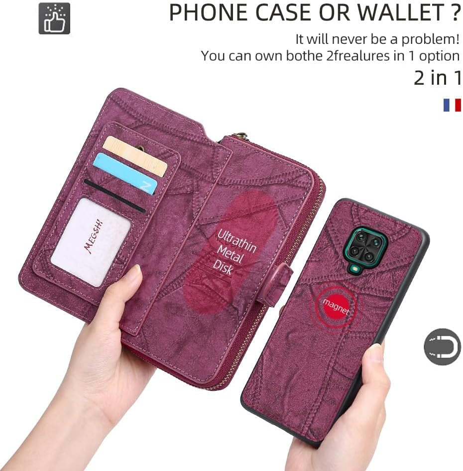 Asuwish Phone Case for Xiaomi Redmi Note 9 Pro/Note 9S/Note9 Pro Max/Poco M2 Pro Zipper Wallet Detachable with Screen Protector and Mirror Card Holder Slot Redme Note9S Note9Pro 4G Women Men Wine Red  Asuwish   