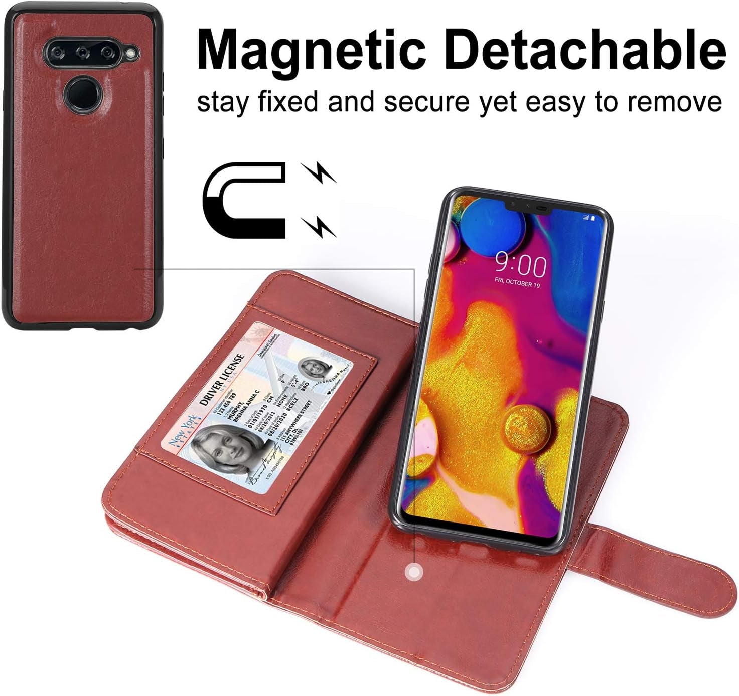 TILL for LG V40 Thinq / V40 Storm Case, LG V40 Thinq / V40 Storm [PU Leather] Flip Wallet Case [Cash & Card Slot Holder] [Kickstand] Detachable Magnetic Folio Protective Case Cover [Brown]  TILL   