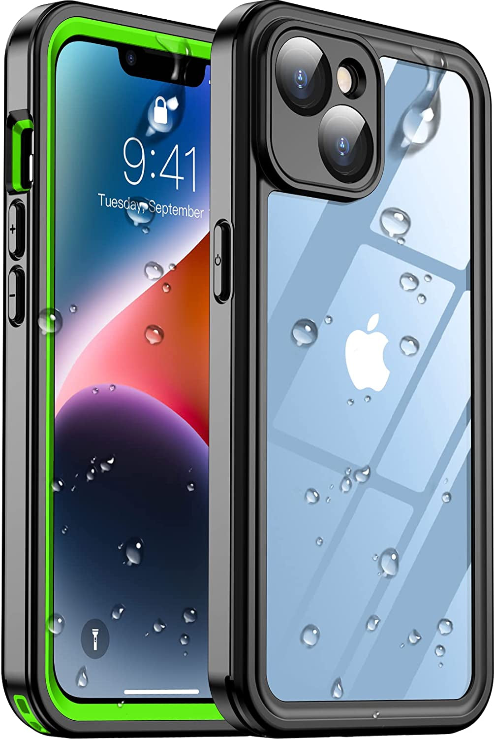 Temdan [Real 360 for Iphone 14 Case Waterproof, Built-In 9H Tempered Glass Camera Lens & Screen Protection [14FT Military Dropproof][Full-Body Shockproof][Dustproof][Ip68 Underwater] Phone Case  Temdan Green/Clear iPhone 14 