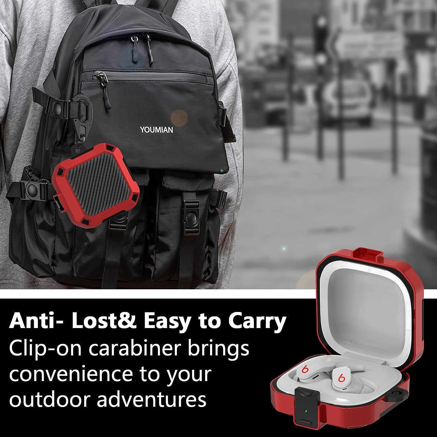 Wowwat Compatible Beats Fit Pro Case Cover with Lock Clip,Carbon Fiber Texture Full Body Rugged Case for Men Women Shockproof,With Beats Accessories Carbon Fiber Keychain/Storage Box (Red)  Wowwat   