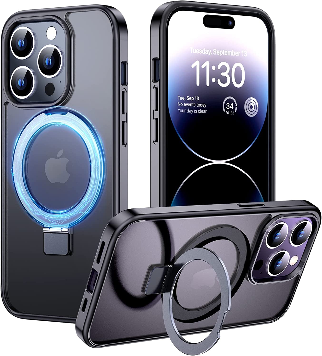 MOZOTER 6-In-1 Magnetic for Iphone 14 Pro Case,[Compatible with Magsafe][Glass Screen Protector+Camera Lens Protector] [Anti-Yellowing] Slim Shockproof for Iphone 14 Pro Phone Case 6.1 Inch-Clear  MOZOTER Black Translucent  