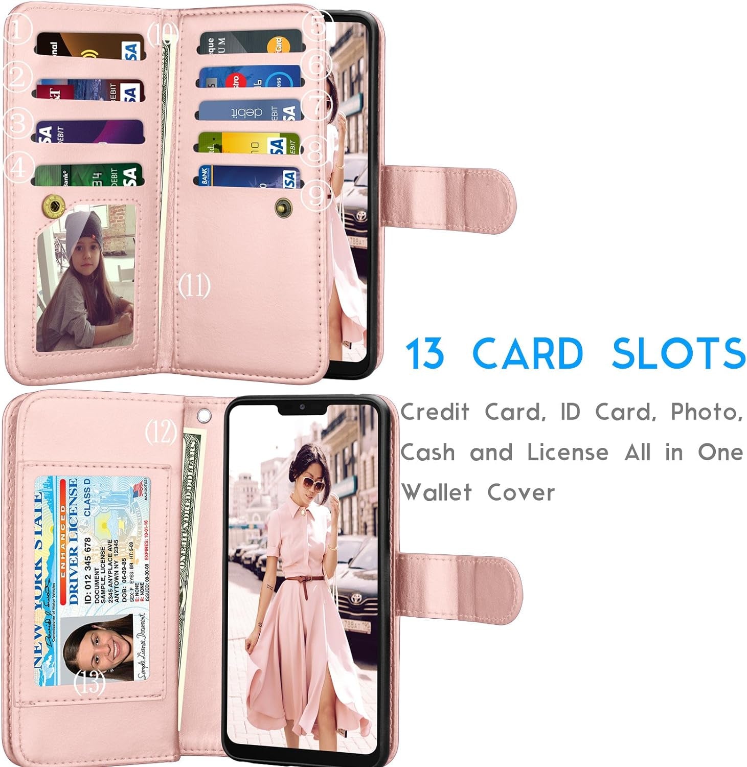 Tekcoo Wallet Case for LG G7 / LG G7 Thinq, PU Leather Luxury ID Cash Credit Card Slots Holder Purse Carrying Folio Flip Cover [Detachable Magnetic Hard Case] Kickstand - Rose Gold  Tekcoo   