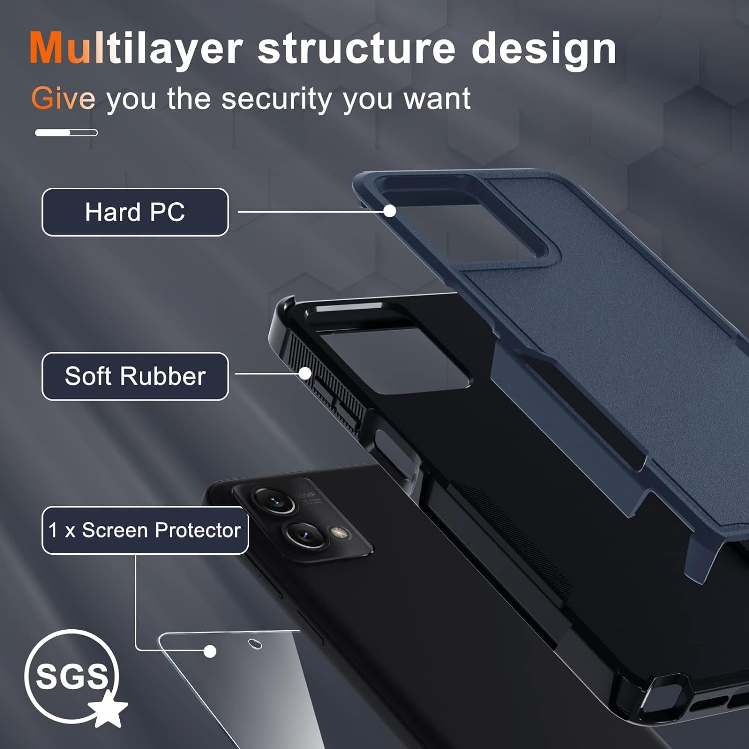 For Motorola Moto G Stylus 5G 2023 Case [Not Fit 4G or 2022 Version], Heavy Duty Rugged Shockproof Protective Phone Cover with Lanyard Strap and Tempered Glass Screen Protector,2023 Navy Blue  RMOCR   