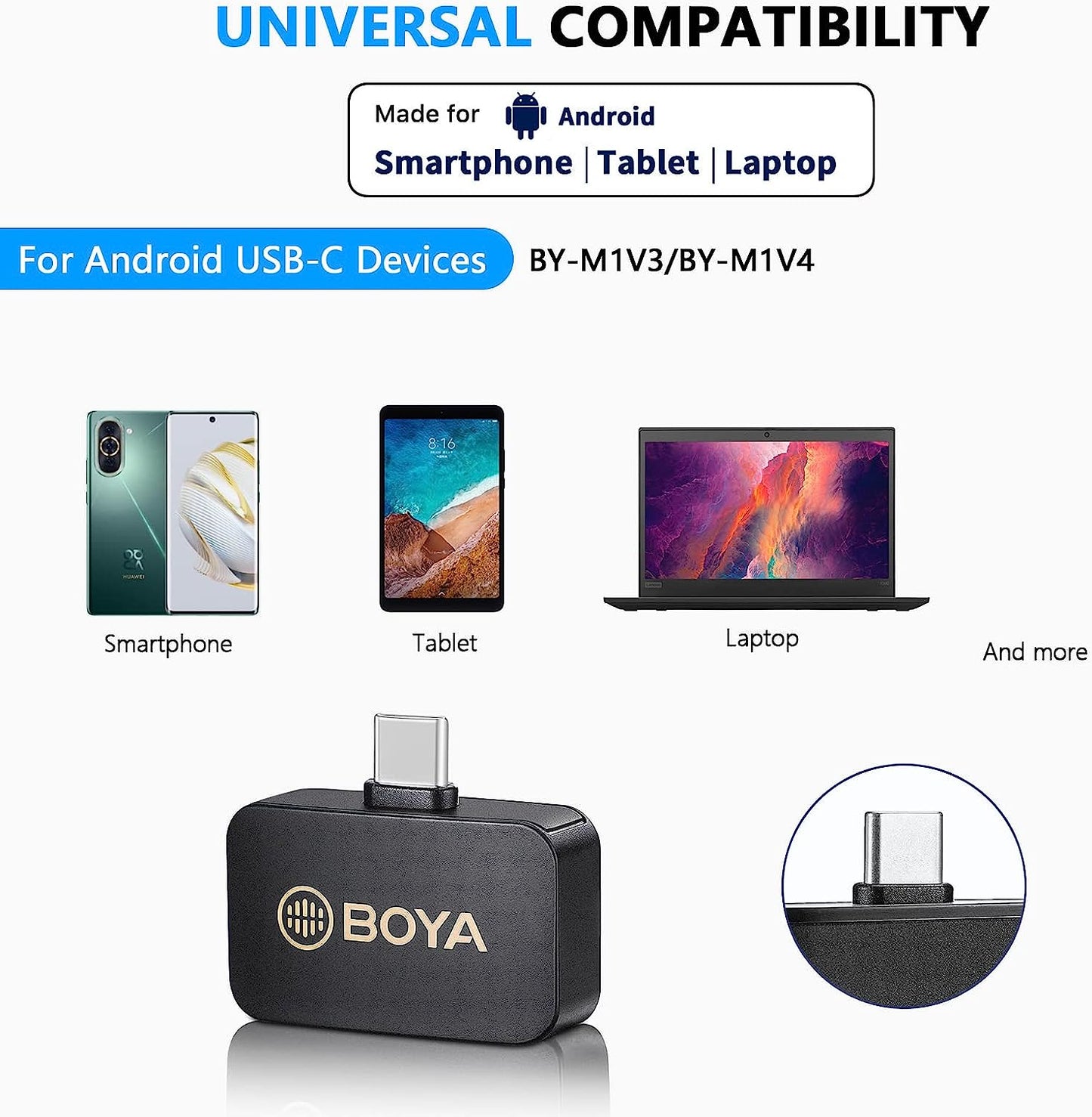 BOYA Wireless Lavalier Microphone for Android Phone Plug Play USB-C Lapel Microphone Noise Cancellation Cordless Clip on Mic for Video Recording Interview Youtube Vlogging Live Streaming BY-M1V4  BOYA   
