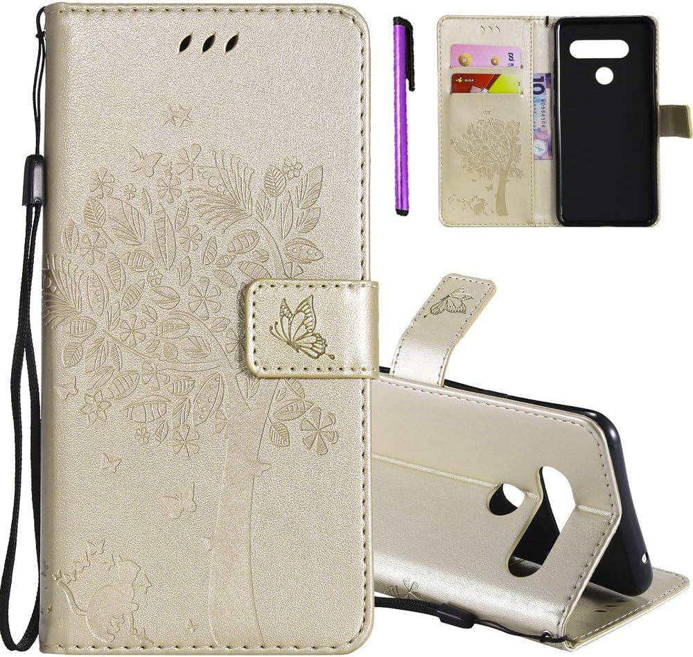 ISADENSER LG V40 Thinq Case LG V40 Flip Case for Women [Wallet Stand] as Case with Cards Slot Holder Cash Pockets Magnetic Closure PU Leather Wallet Case Cover for LG V40 Thinq Blue Cat Wish Tree  ISADENSER D] Kt-Wish Tree Leather-12  