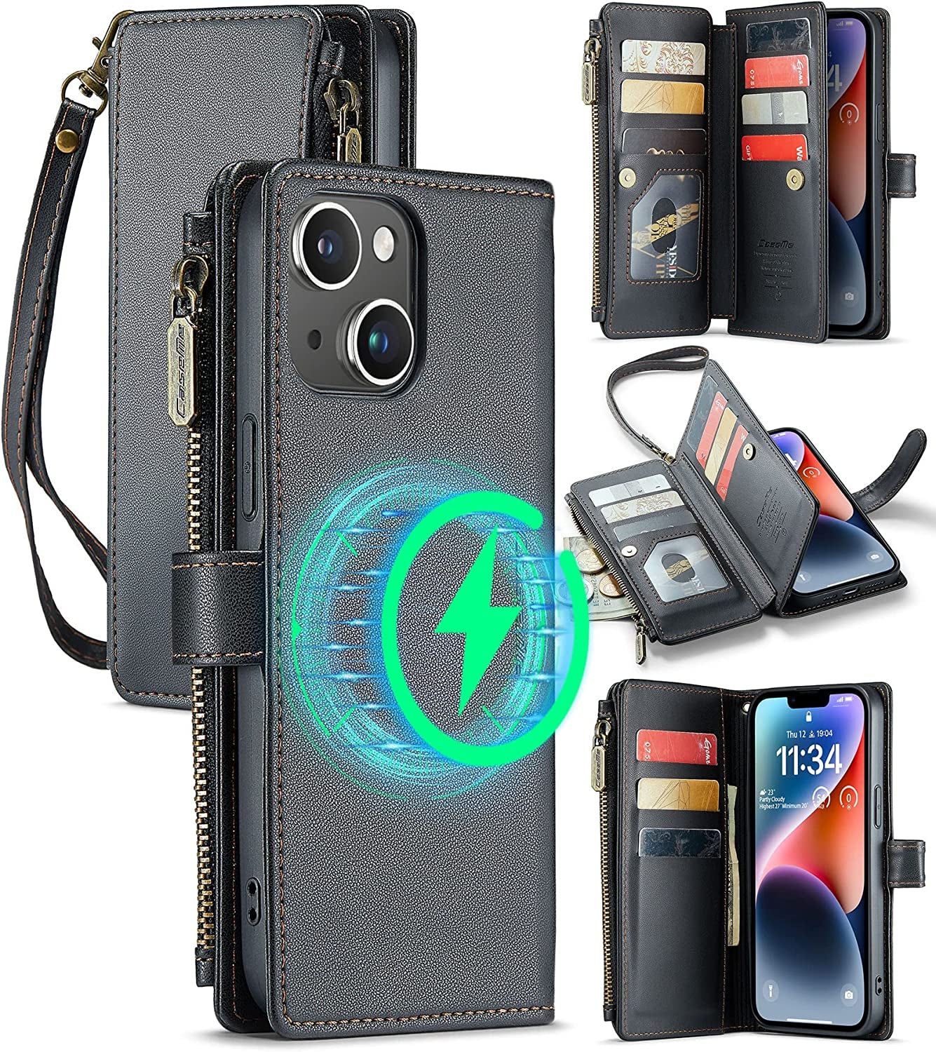 FLIPALM Wallet Case for Iphone 14 Pro(6.1") Flip Case,Compatible with Magsafe Charger,Pu Leather Zipper Protective Lanyard Strap Wristlet Case with Magnetic Closure and Card Holder Luxury Coffee  FLIPALM Black iPhone 14 Plus 