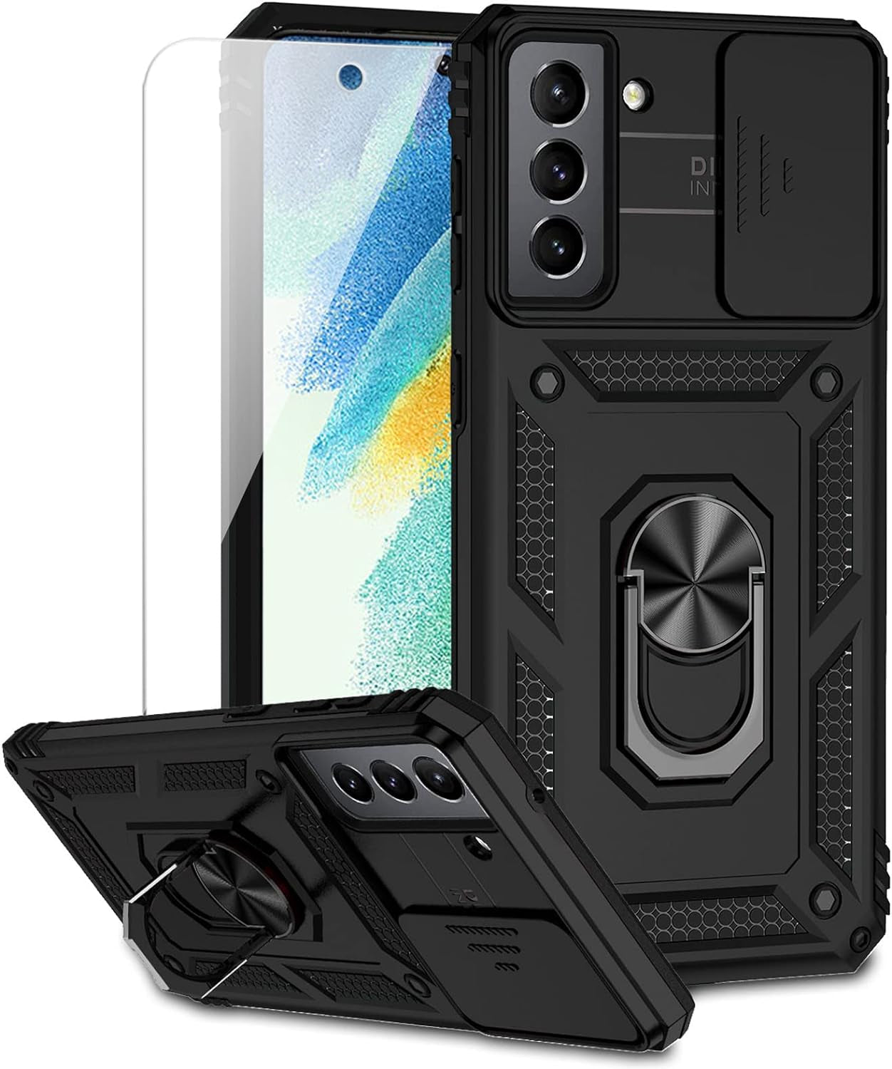 For Samsung Galaxy S21 FE 5G Case with Camera Lens Cover HD Screen Protector, Military-Grade Drop Tested Magnetic Ring Holder Kickstand Protective Phone Case for Samsung Galaxy S21 FE 5G (Dark Green)  JINZHI Inc Black With Camera Cover Military-Grade 2Nd Gen  