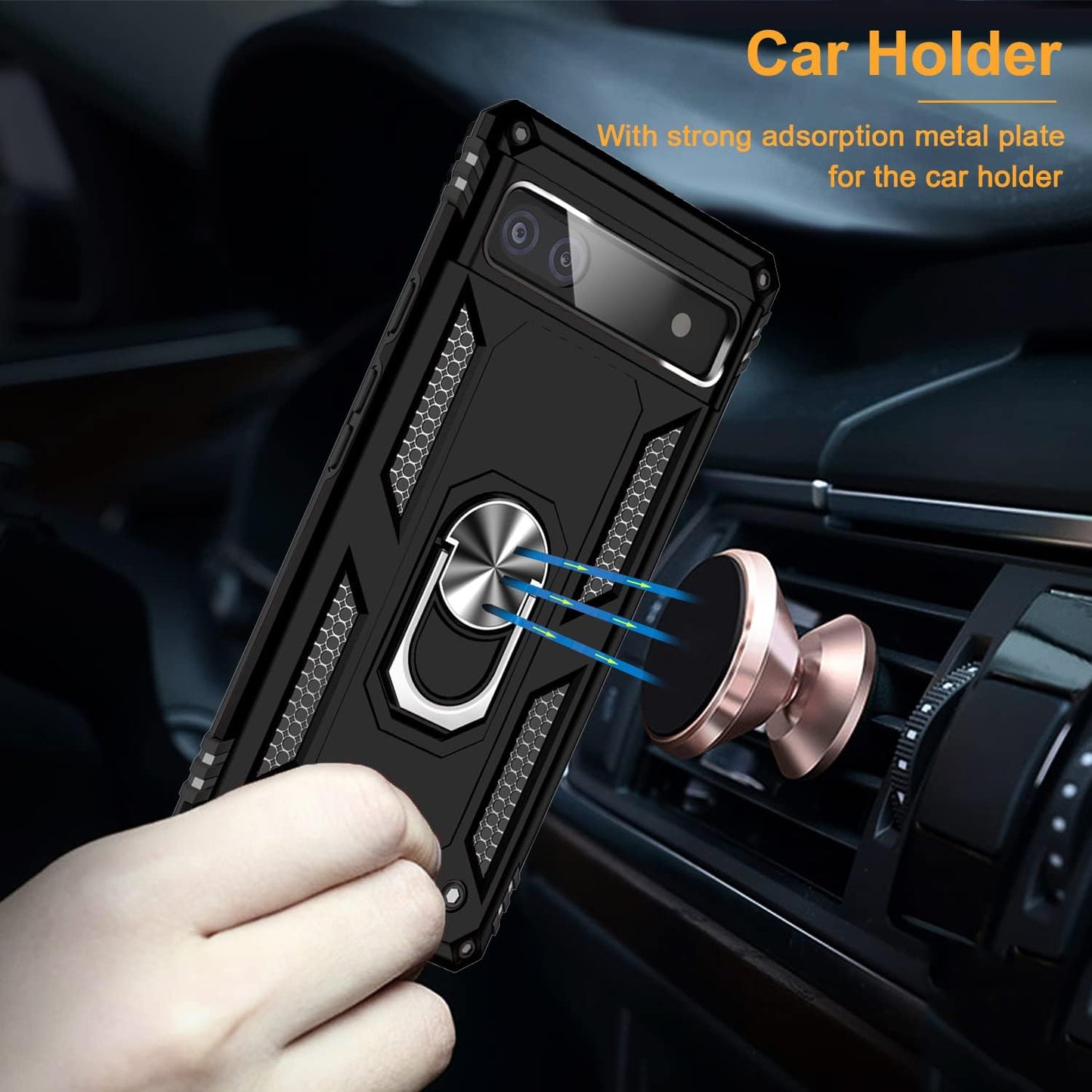 Muntinfe for Google Pixel 6A Case with Tempered Glass Screen Protector [2 Pack], Military-Grade Armor Shockproof Protective Phone Cover with Ring Magnetic Kickstand for Pixel 6A, Black  CAROL   