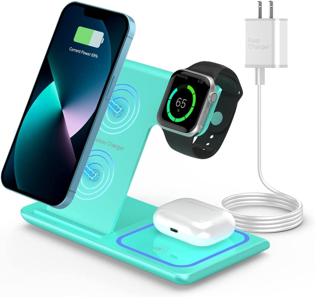 Wireless Charger,Rui MAI LAI 3 in 1 Wireless Charger Station for Apple Iphone/Iwatch/Airpods,Iphone 13/12/11 (Pro, Pro Max)/Xs/Xr/Xs/X/8(Plus),Iwatch 7/6/Se/5/4/3/2,Airpods 3/2/Pro  XuHui Green  