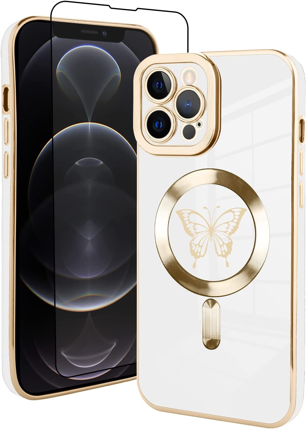 Fiyart Magnetic Case for Iphone 12 Pro Max Compatible with Magsafe Wireless Charging,Cute Love Heart Phone Case with Camera Screen Protector for Women Girls Men for Iphone 12 Pro Max 6.7"- White  Fiyart White Butterflies  