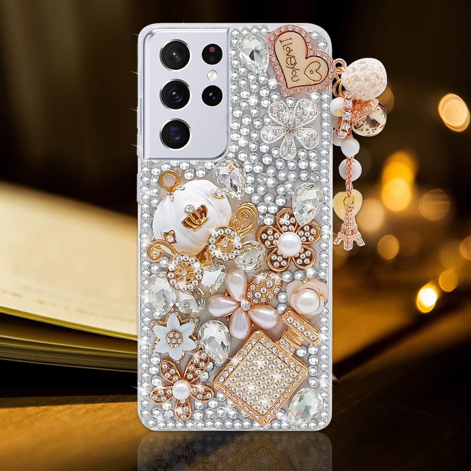 Guppy for Galaxy Note 20 Ultra Case Women Luxury 3D Bling Shiny Rhinestone Diamond Crystal Pearl Handmade Pendant Iron Tower Pumpkin Car Flowers Soft Protective Anti-Fall Case for Galaxy Note 20 Ultra  Guppy Clear Galaxy S21 Ultra 