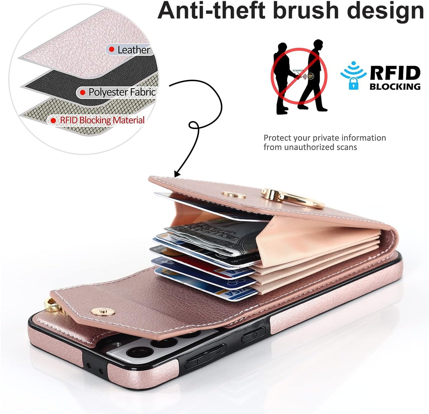 Asuwish Phone Case for Samsung Galaxy S21 plus S21+ 5G Wallet Cover with Tempered Glass Screen Protector and RFID Blocking Ring Credit Card Holder Cell S21+5G S21Plus 21S + S 21 21+ G5 Women Rose Gold  Asuwish   