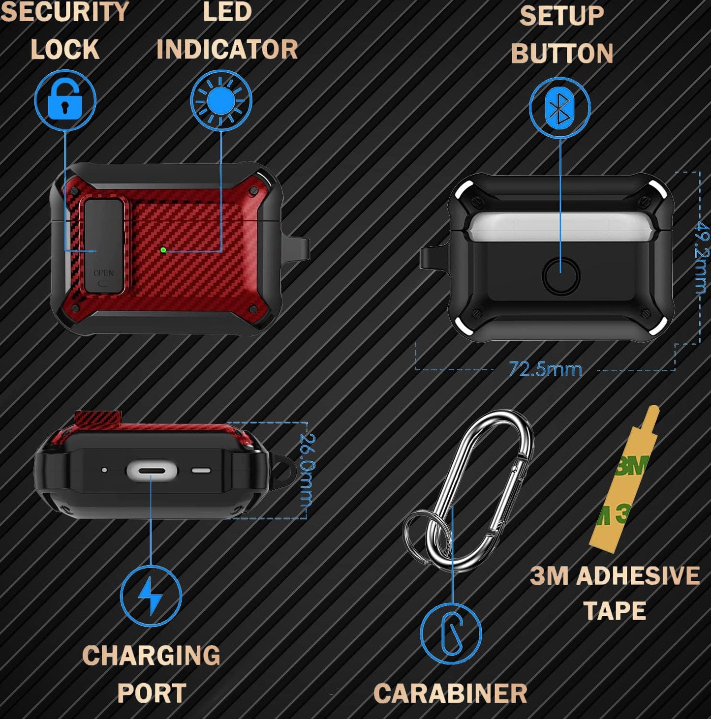 [4 in 1] Airpods Pro 2 Gen/Pro Case Lock with Cleaner Kit&Replacement Ear Tips(S/M/L), Olytop Rugged Airpod Pro 2Nd/1St Generation Protective Cover for Ipod Pro 2019/2022 with Keychain, Black/Red  Olytop   