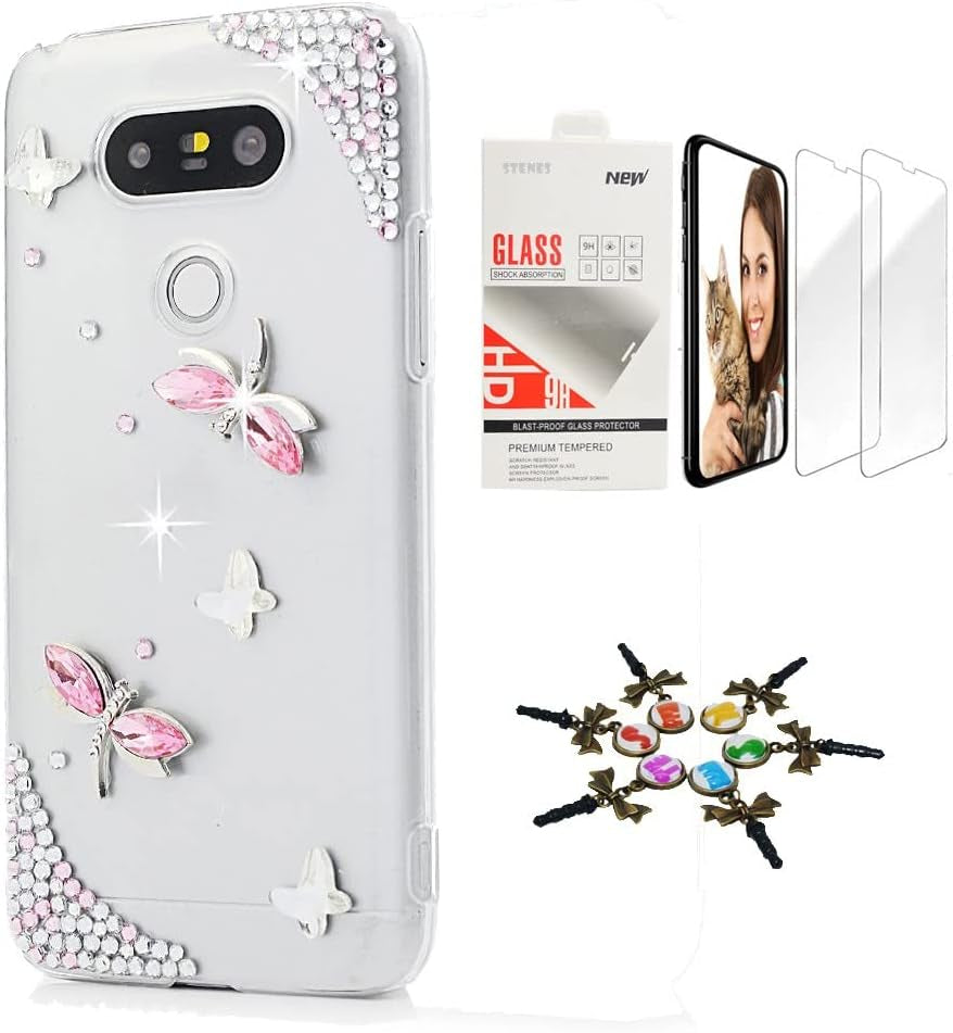 STENES Bling Case Compatible with LG V40 Thinq - Stylish - 3D Handmade [Sparkle Series] Butterfly Mermaid Design Cover with Screen Protector [2 Pack] - Colorful  STENES Dragonfly Butterfly / Pink Design For Lg K92 5G Case 