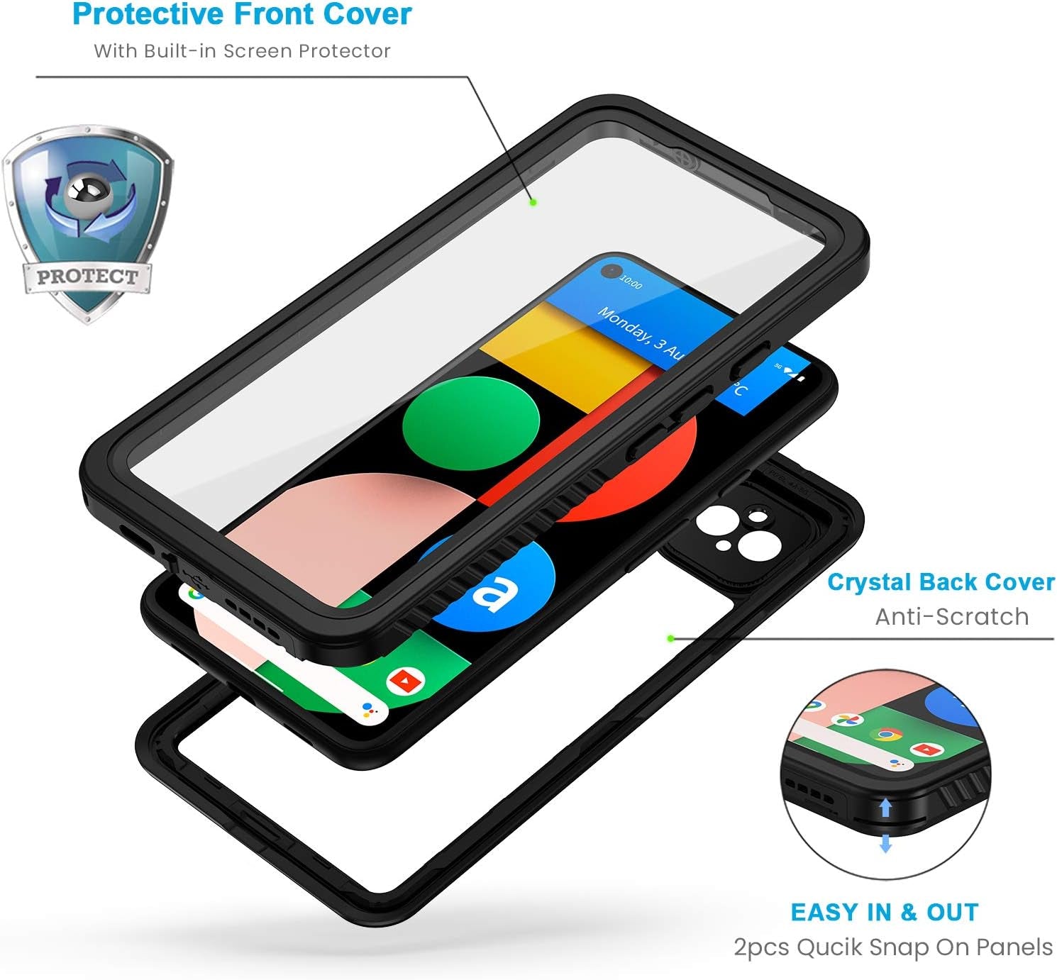 Lanhiem Pixel 4A 5G Case, IP68 Waterproof Dustproof Case [NOT Fit 4G Version] with Built-In Screen Protector, Full Body Protective Cover for Google Pixel 4A 5G Only, Black/Clear  Lanhiem   