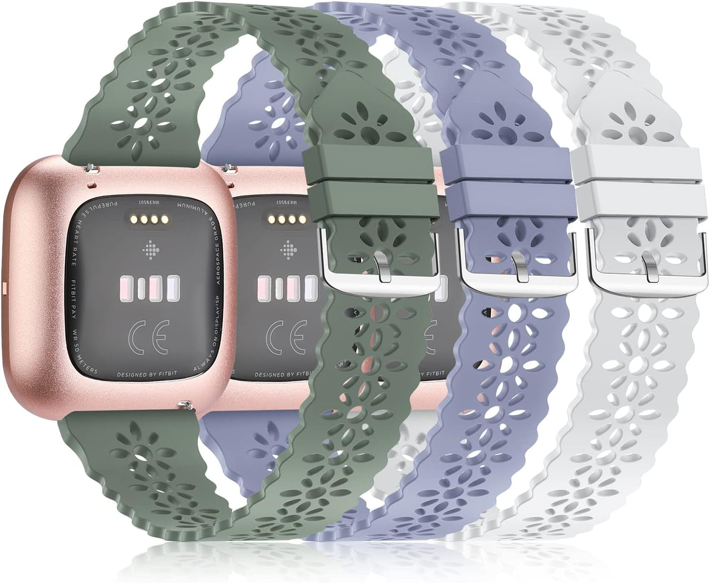 YAXIN 3 Pack Slim Sport Bands Compatible with Fitbit Versa/ Versa 2/ Versa Lite Band for Women,Soft Silicone Lace Replacement Wristbands for Smart Watch,Black/White/Pink Sand  YAXIN F-lavender gray/light gray/pine green  