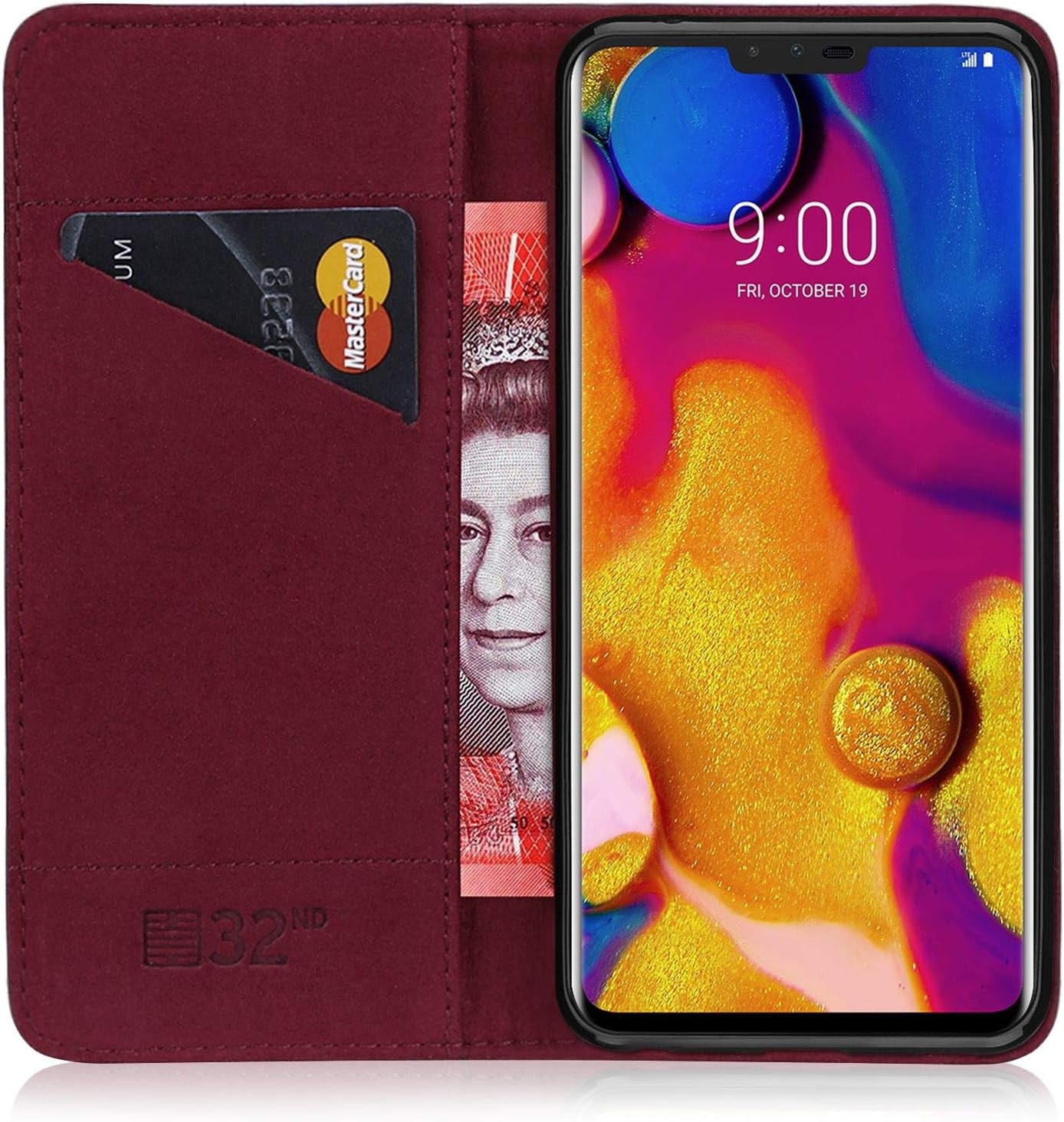 32Nd Classic Series - Real Leather Book Wallet Case Cover for LG V40 Thinq, Real Leather Design with Card Slot, Magnetic Closure and Built in Stand - Burgundy  32ndShop   