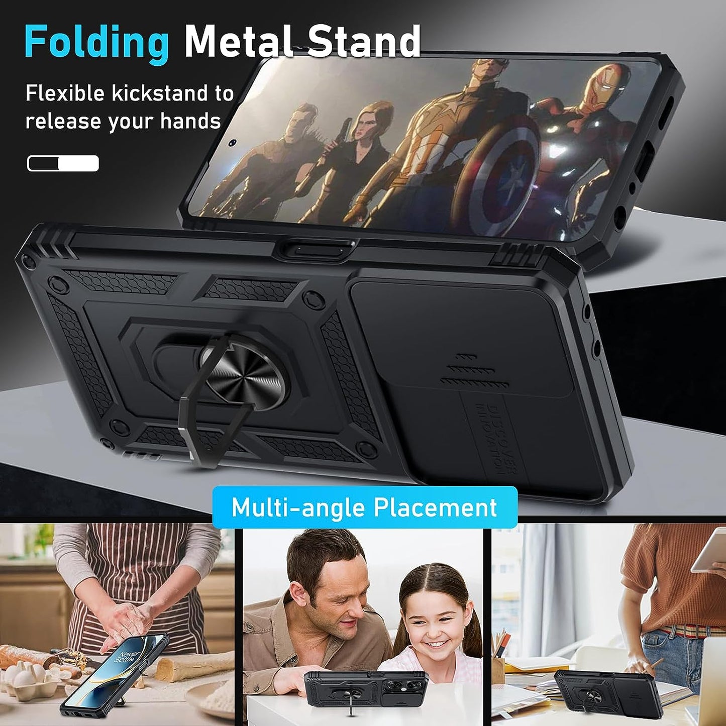 Janmitta Oneplus Nord N30 5G Case Built in Slide Camera Lens Cover+Screen Protector+Finger Ring Holder Kickstand,Heavy Duty Shockproof Full Body Protective Phone Cover,2023 Black  Janmitta   