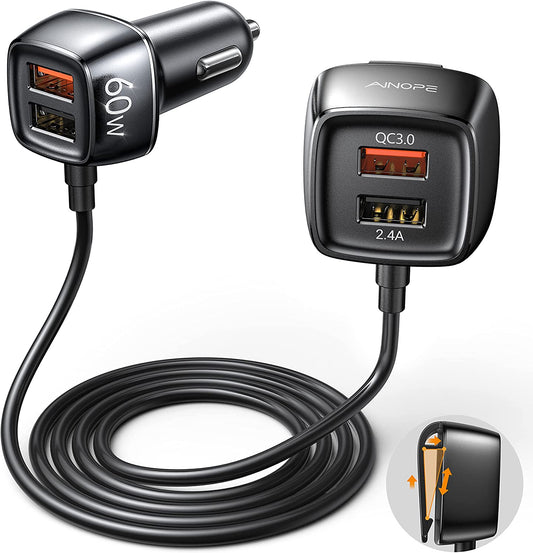 60W USB Car Charger - AINOPE [4 Multi USB Ports] [QC 36W] Fast Car Charger Adapter[5Ft Cable] QC 3.0 Cigarette Lighter Adapter Back Seat Charging for Iphone Samsung Ipad Macbook Fire Tablet and More  AINOPE   