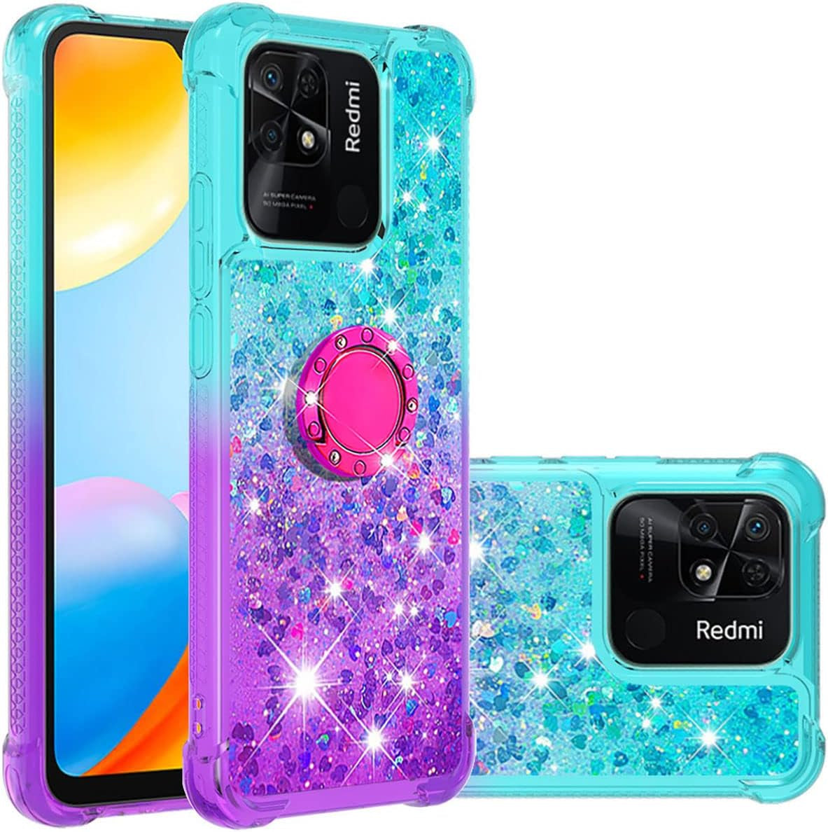 Monwutong Phone Case for Xiaomi Redmi 10C, Shiny Bling Quicksand Effect TPU Bumper Case with Four Corners Protection Cover for Xiaomi Redmi 10C, Pink Blue  Monwutong Blue Purple  