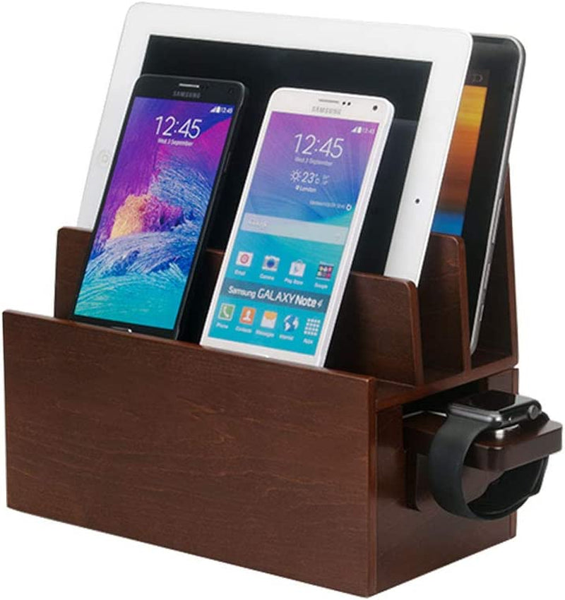 Mobilevision Wood Multi Device Organizer Stand and Charging Station for Smartphones, Tablets, and Laptops Includes 5-USB Hub Charger Combo  MobileVision Wood Stand + Apple Watch Adapter  