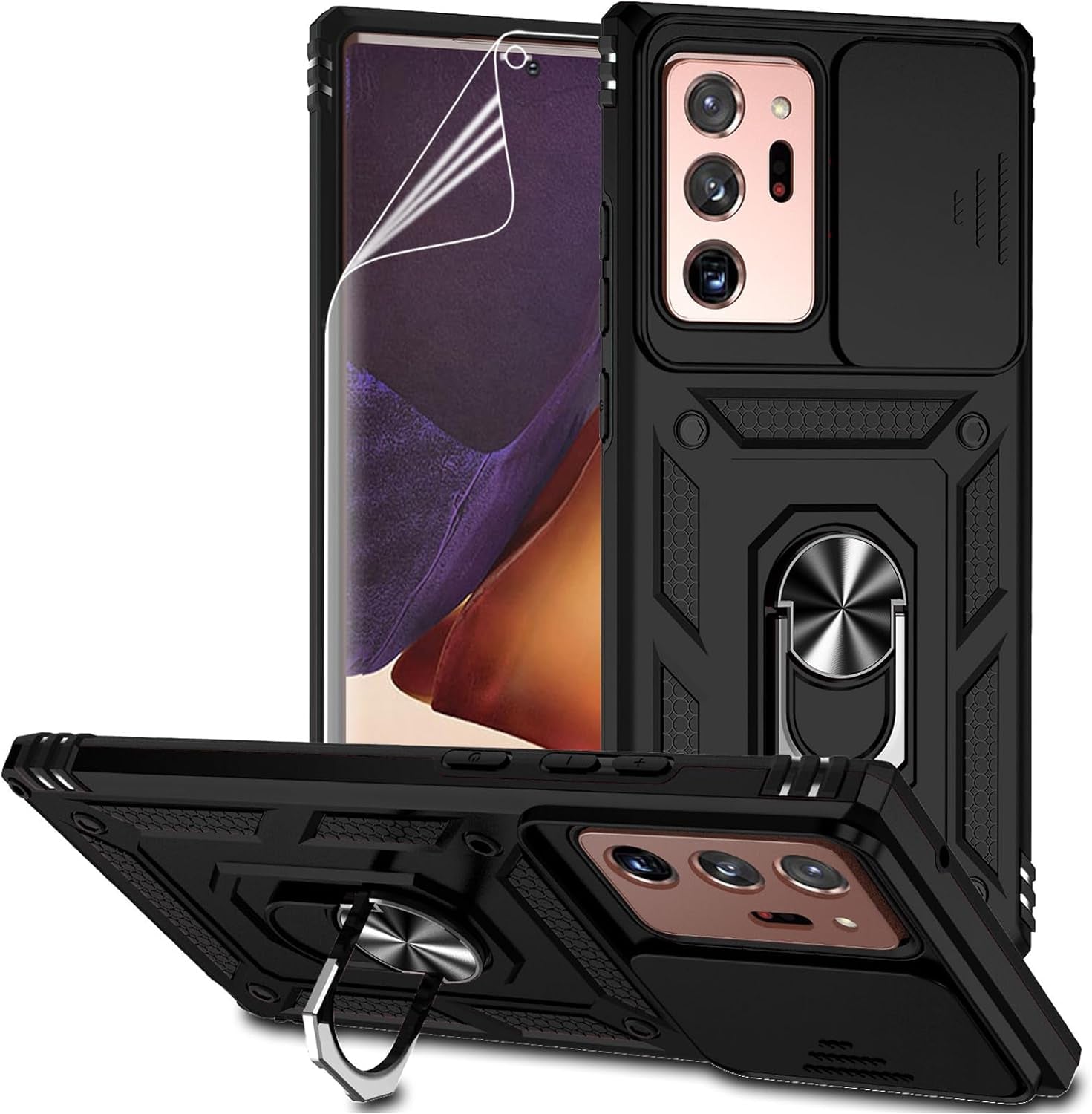 For Samsung Galaxy Note 20 Ultra Case with Camera Lens Cover HD Screen Protector, Military-Grade Drop Tested Magnetic Ring Holder Kickstand Protective Phone Case for Galaxy Note 20 Ultra 5G (Purple)  JINZHI Inc Black With Camera Cover Military-Grade 2Nd Gen  