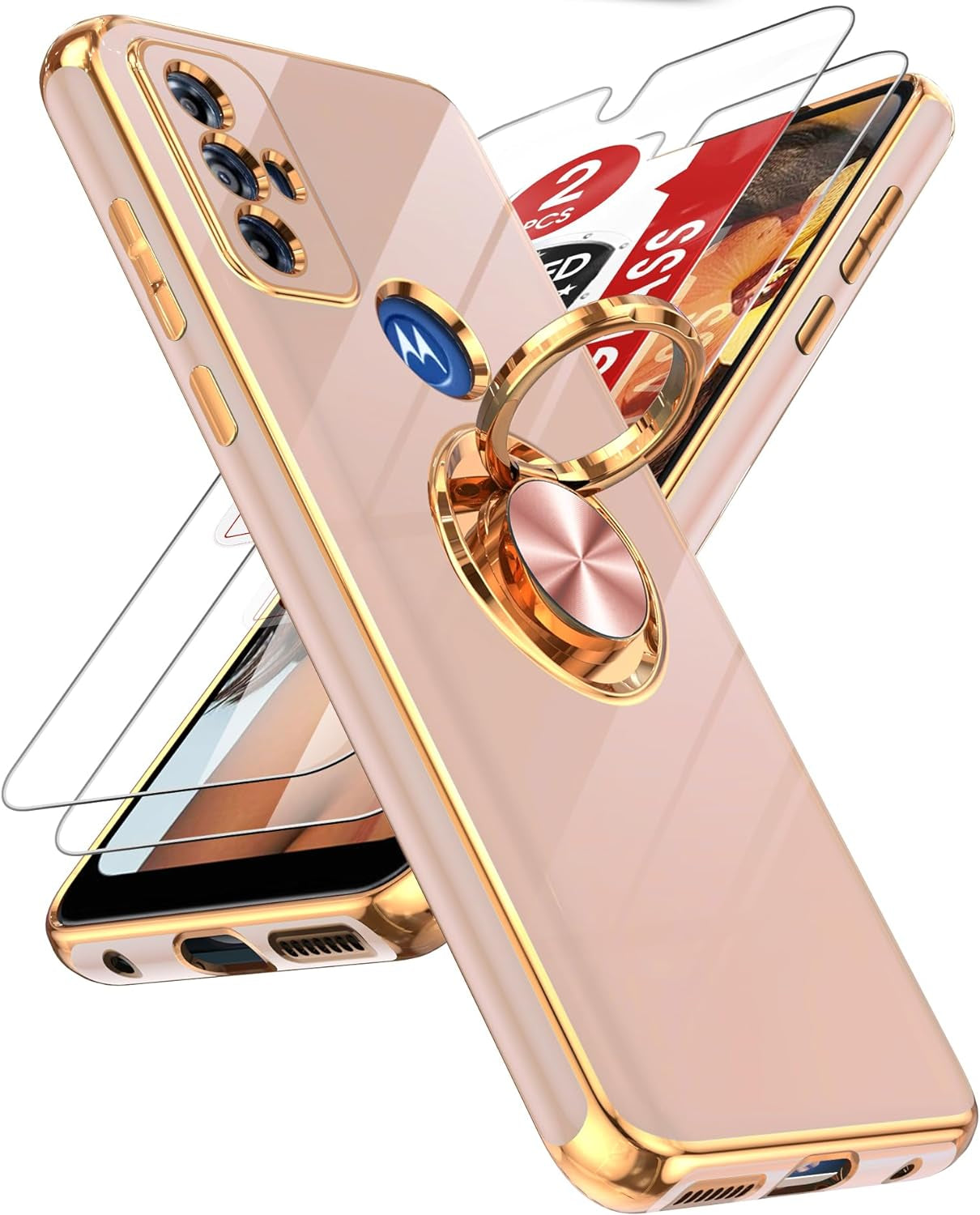 Leyi for Moto G Play 2023 Phone Case: with Tempered Glass Screen Protector [2 Pack] 360° Rotatable Ring Holder Magnetic Kickstand, Plating Rose Gold Edge Protective Case, Black  LeYi Pink  