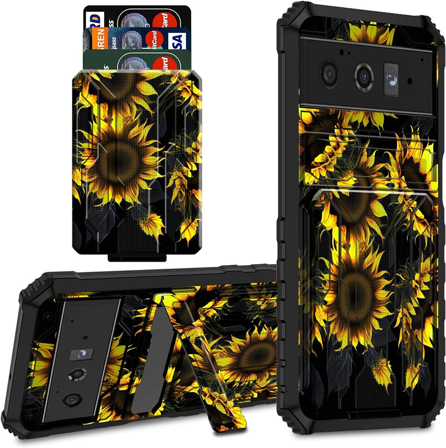 CGFGHHUY for Google Pixel 6 Pro Case for Pixel 6 Pro Wallet Case with Credit Card Holder & Kickstand Dual Layer Hard PC Soft TPU Protective Case for Google Pixel 6 Pro 6.7 Inch 2021 - Moth Moon Sun  CGFGHHUY Sunflowers For Pixel 6 Pro 6.7 Inch 