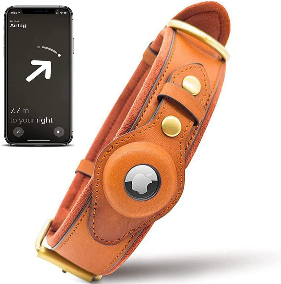 Krazytag Airtag Dog Collar with Built-In Tag Space – Luxurious Collar Premium Leather with Apple Airtag Holder for Dogs and Cats – Play-Proof Design (Medium), Brown  KrazyTag   
