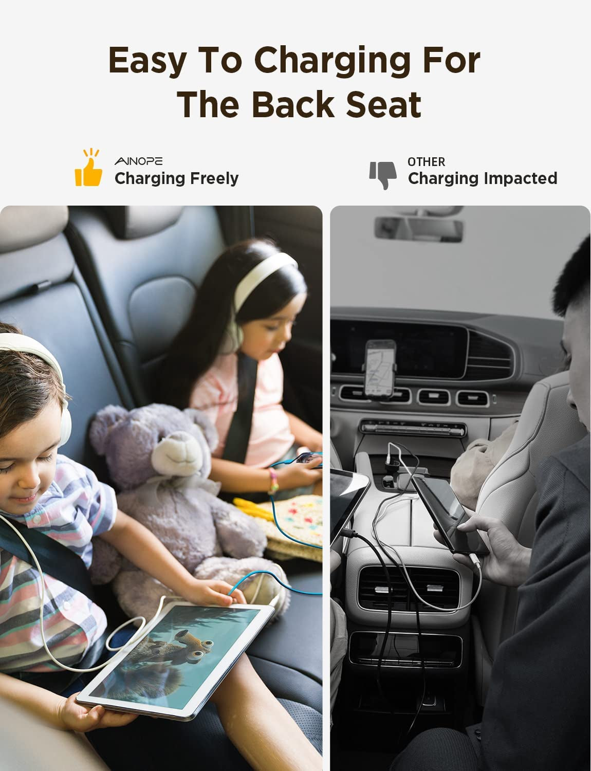 60W USB Car Charger - AINOPE [4 Multi USB Ports] [QC 36W] Fast Car Charger Adapter[5Ft Cable] QC 3.0 Cigarette Lighter Adapter Back Seat Charging for Iphone Samsung Ipad Macbook Fire Tablet and More  AINOPE   