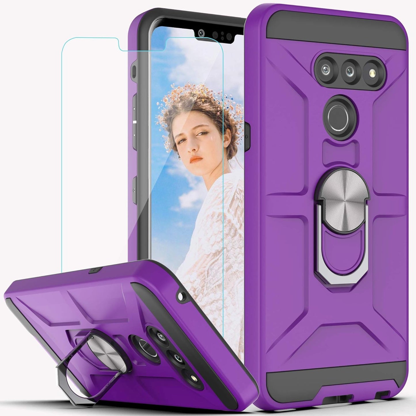 Ymhxcy Compatible for LG G8/G8 Thinq Case with HD Screen Protector,360 Degree Rotating Ring Kickstand Holder Dual Layers of Shockproof Phone Case for LG G8-ZS Rose Gold  YmhxcY Zs-Purple  
