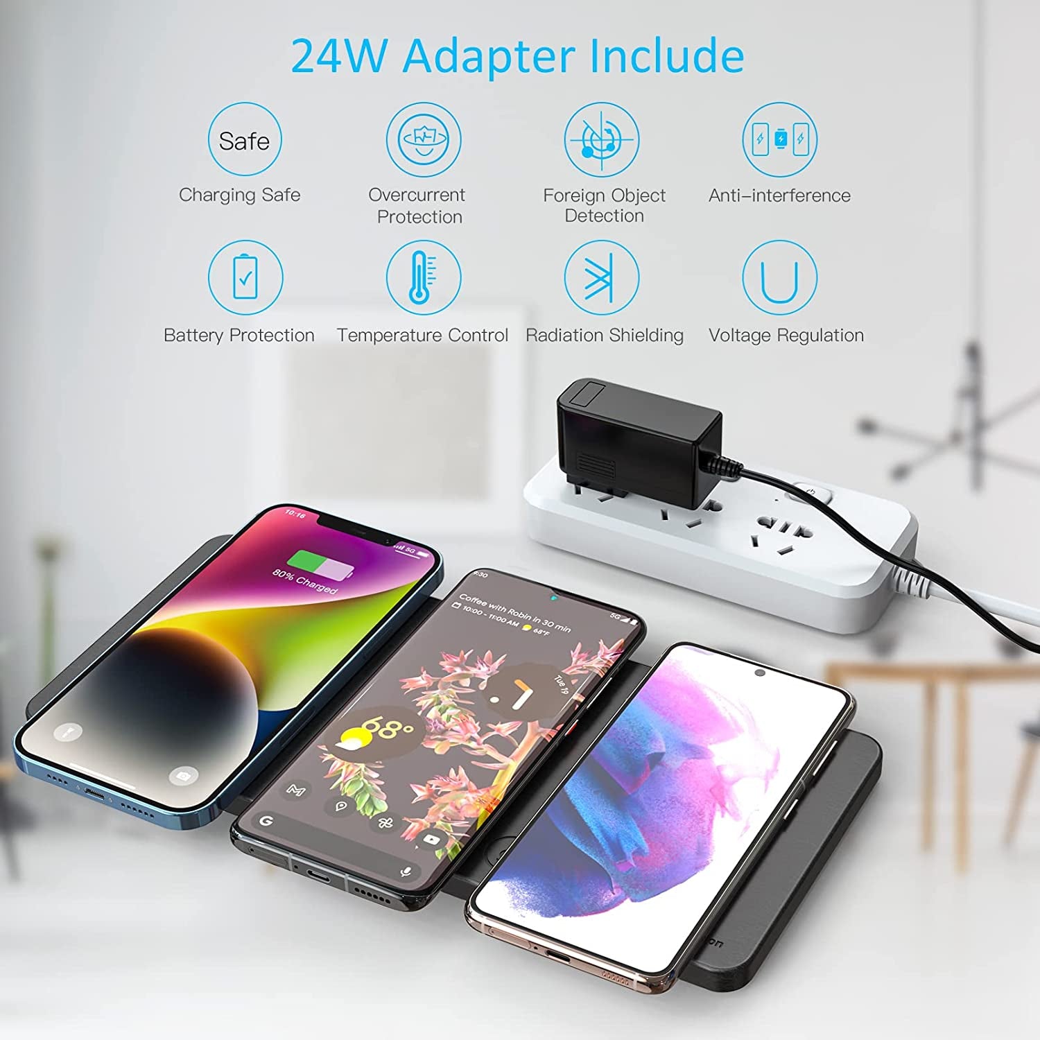 Wireless Charging Pad, Zealsound Ultra-Slim Triple Wireless Charger Station for Multiple 3 Devices & New Airpods Ultra Slim PU Leather Wireless Charging Mat W/AC Adapter for Smartphone Phone (Black)  ZealSound   