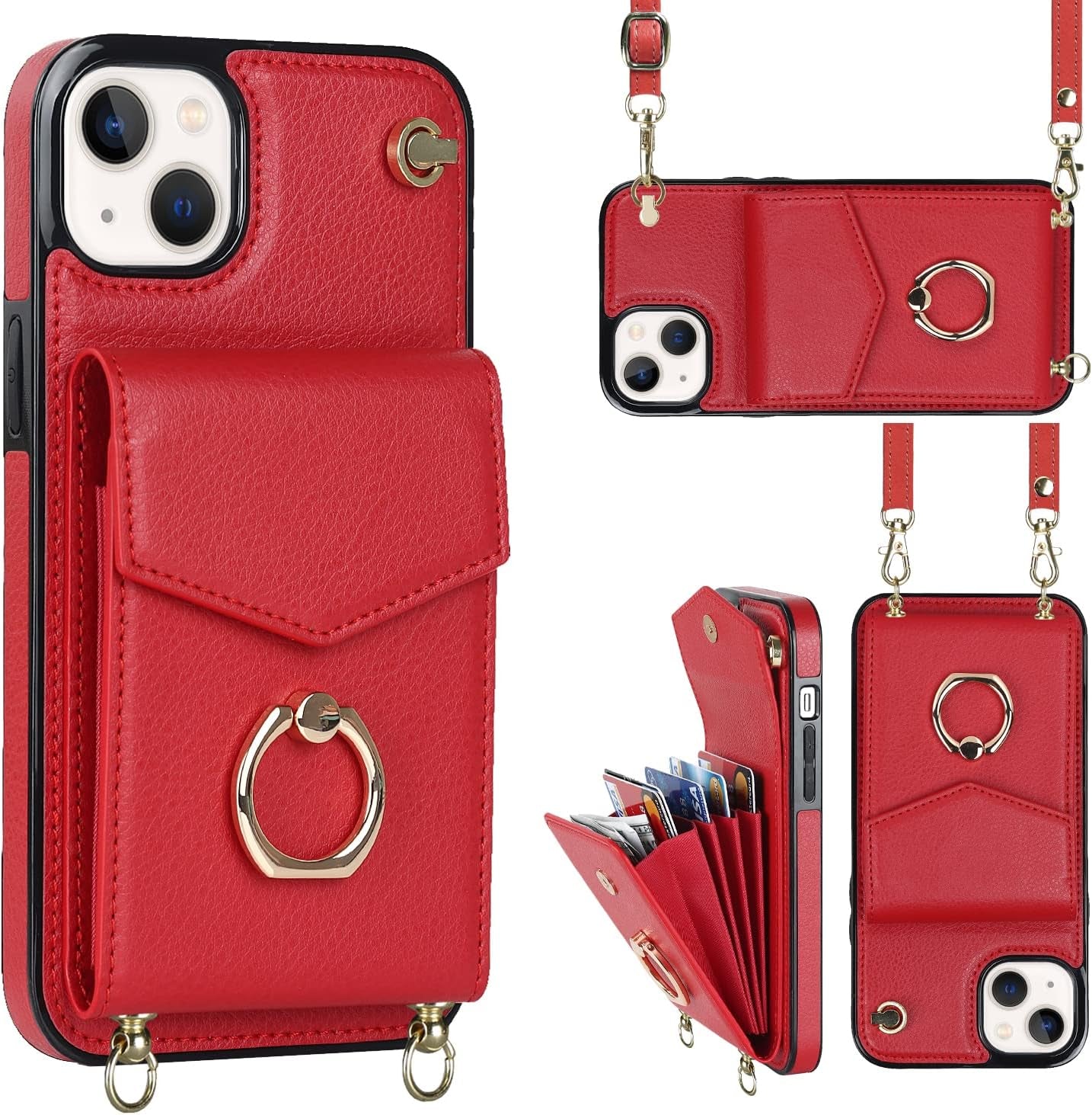 YYTVN for Iphone 12/Iphone 12 Pro Case 6.1 Inch, Minimalist Wallet Case with Ring Kickstand and Shoulder Strap, Shockproof Stylish Protective Cover for Iphone 12/Iphone 12 Pro -Red  YYKeji   