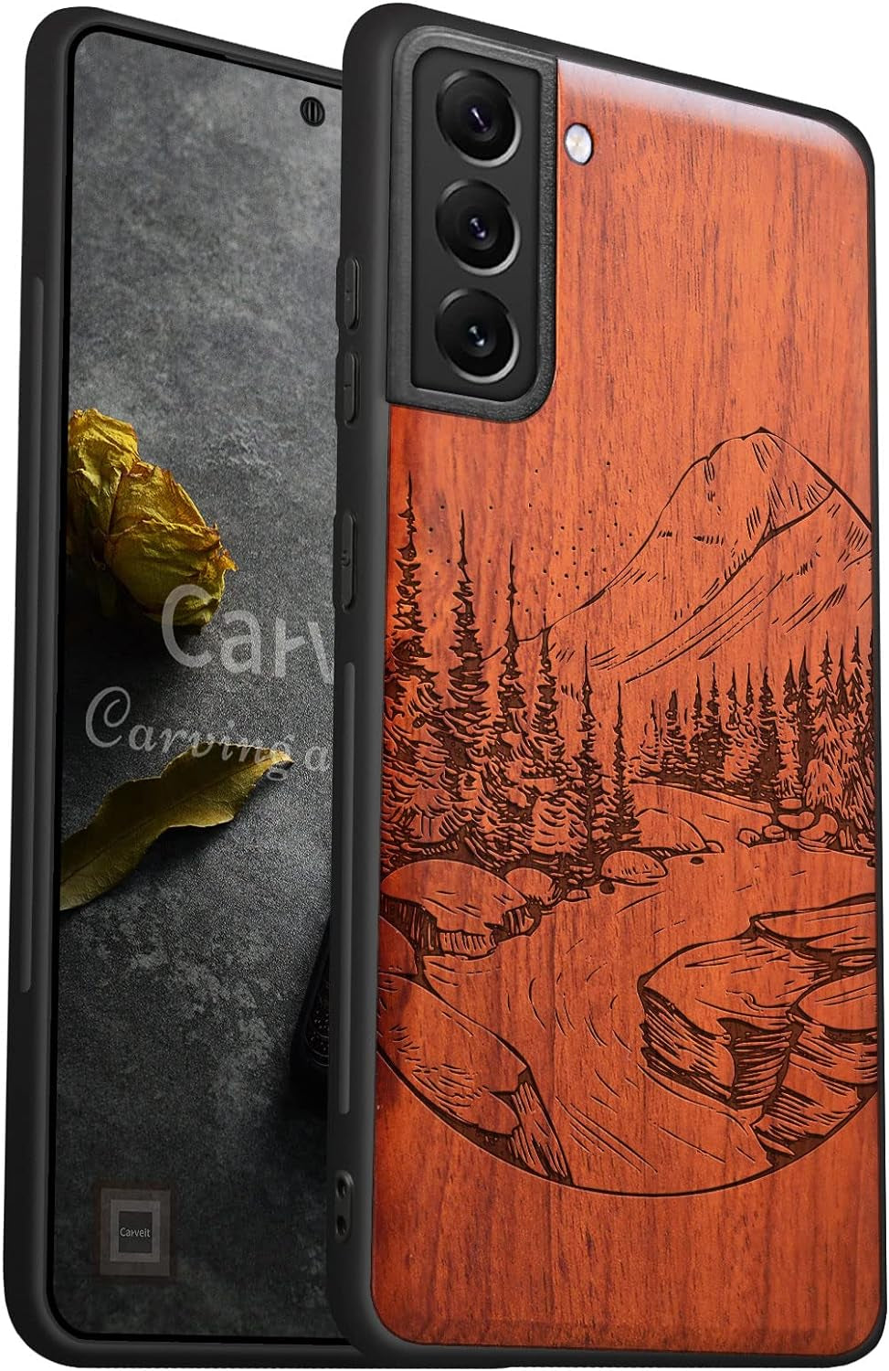 Carveit Wood Case for Galaxy S21 FE Case [Natural Wood & Black Soft TPU] Shockproof Protective Cover Unique Wooden Case Compatible with Samsung S21 FE 5G (Natural Landscape-Blackwood)  Carveit Rosy-S21 Fe Galaxy S21 Fe (6.4 Inch) 