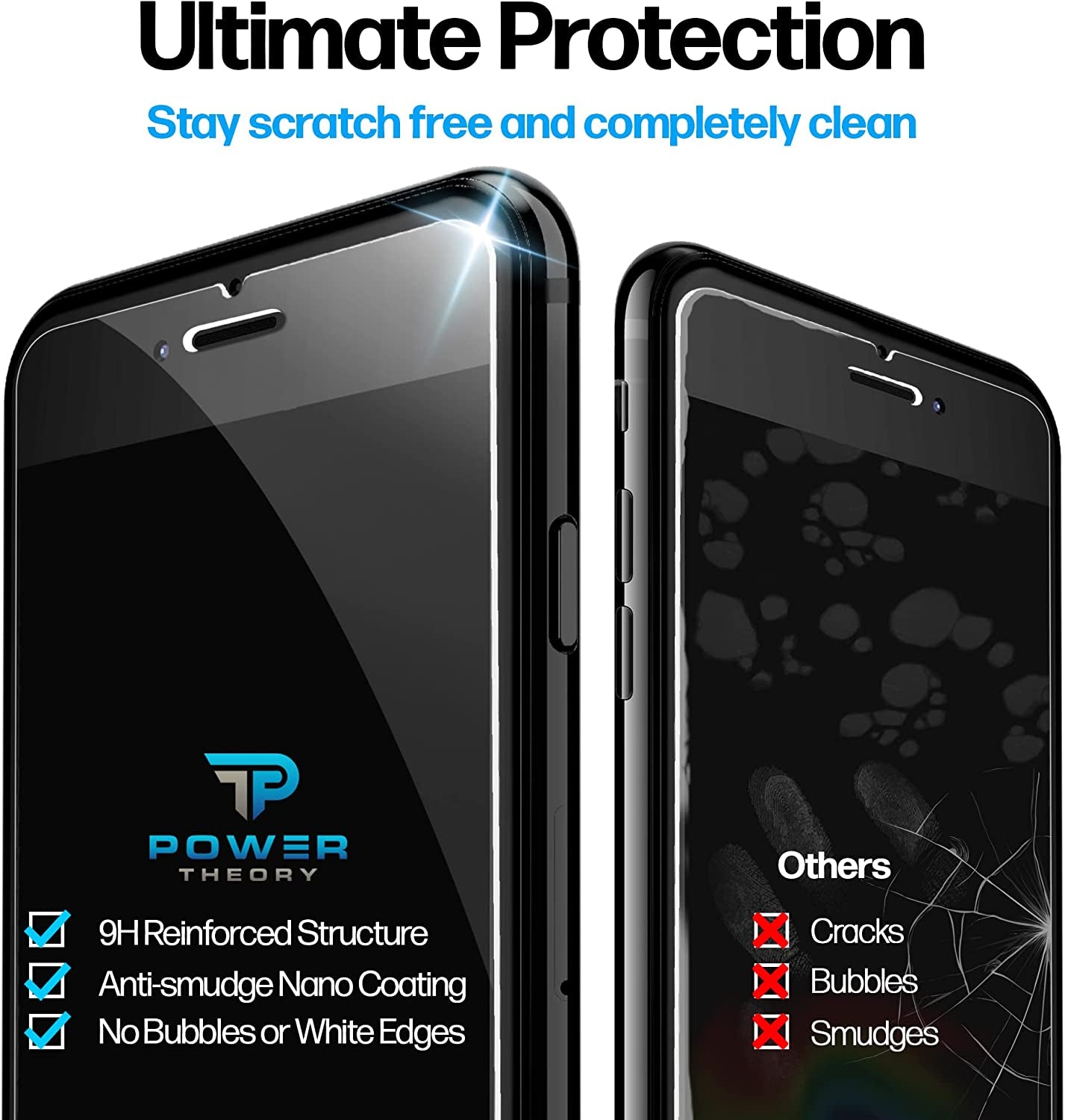 Power Theory Designed for Iphone 8 Screen Protector/Iphone 7 Screen Protector Tempered Glass [9H Hardness], Easy Install Kit, 99% HD Bubble Free Clear, Case Friendly, Anti-Scratch, 2 Pack  Power Theory   