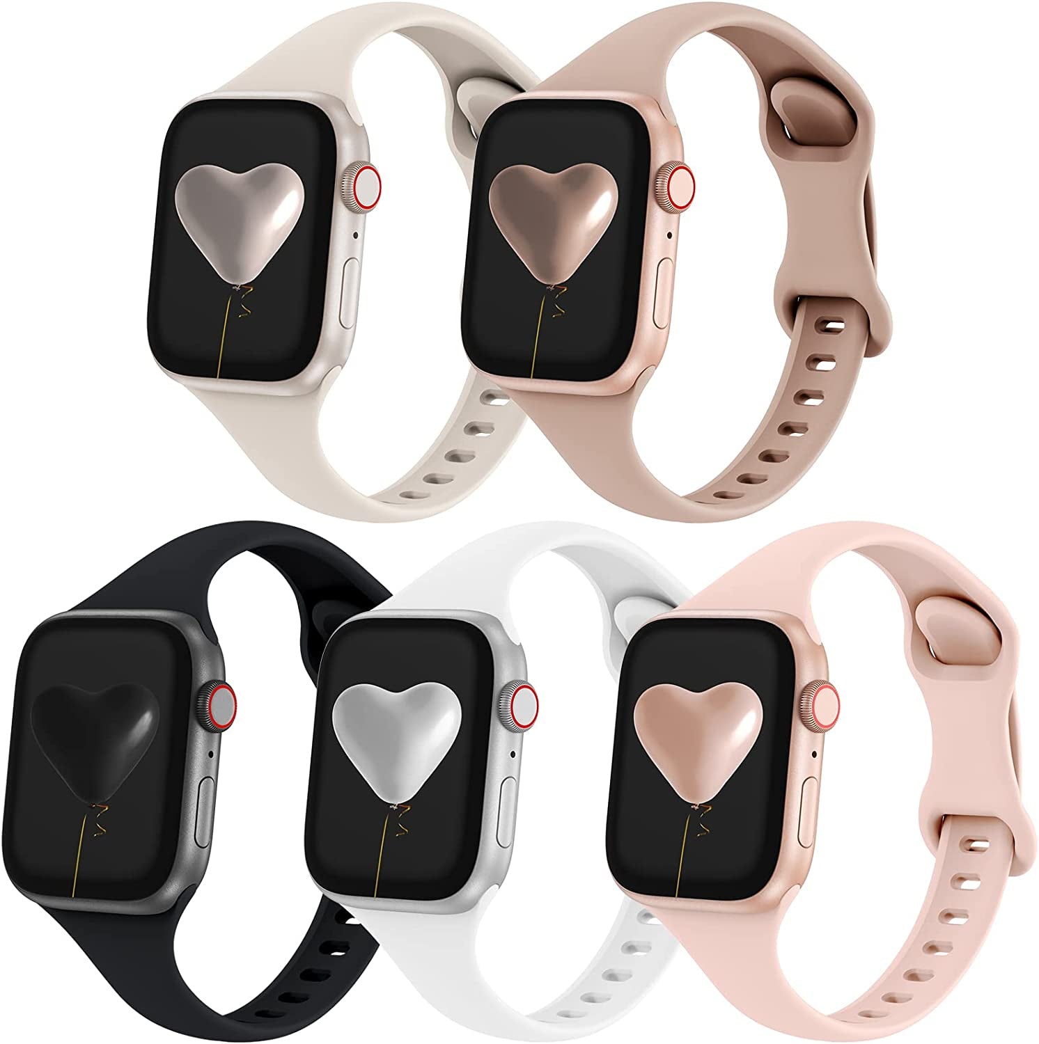 Qrose 5 Pack Bands Compatible with Apple Watch 38Mm 40Mm 41Mm 42Mm 44Mm 45Mm 49Mm, Slim Thin Narrow Replacement Silicone Sport Strap Wristbands for Iwatch Series Ultra 8/7/6/5/4/3/2/1 SE Women Men  QRose Starlight/Milk Tea/Black/White/Pink Sand 38mm/40mm/41mm 