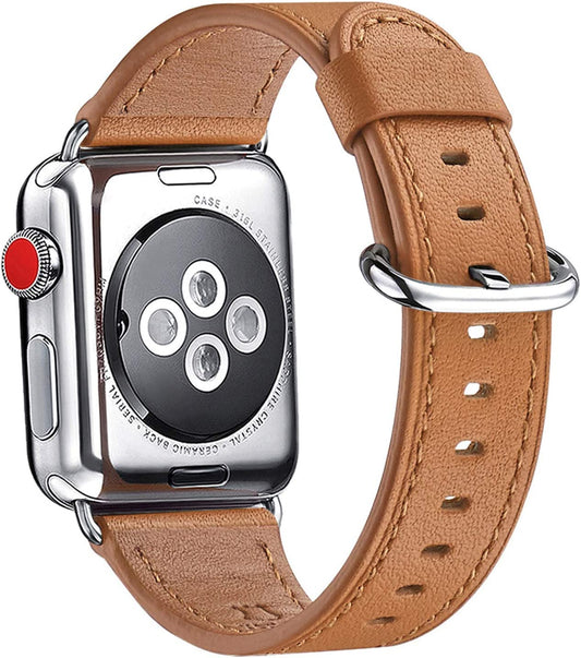 WFEAGL Compatible Iwatch Band 42Mm 44Mm 45Mm, Top Grain Leather Bands of Many Colors for Iwatch SE & Series 7,Series 6,Series 5,Series 4,Series 3,Series 2,Series 1 (Light Brown+Silver, 42Mm 44Mm 45Mm)  WFEAGL   