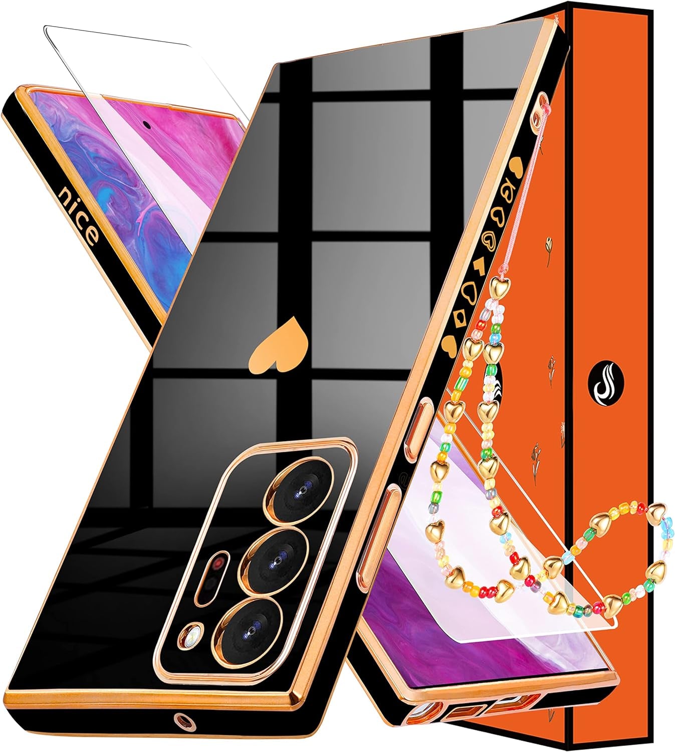 Shorogyt (3In1 Heart Case for Samsung Galaxy Note 20 Ultra 5G/4G 6.9 Inch Women Cute Aesthetic Love Hearts Pattern Girls Dark Blue Gold Luxury Girly Design Cases Cover+Screen+Chain for Note20 Ultra  qunxiner Only For Samsung Note 20 Ultra Black  