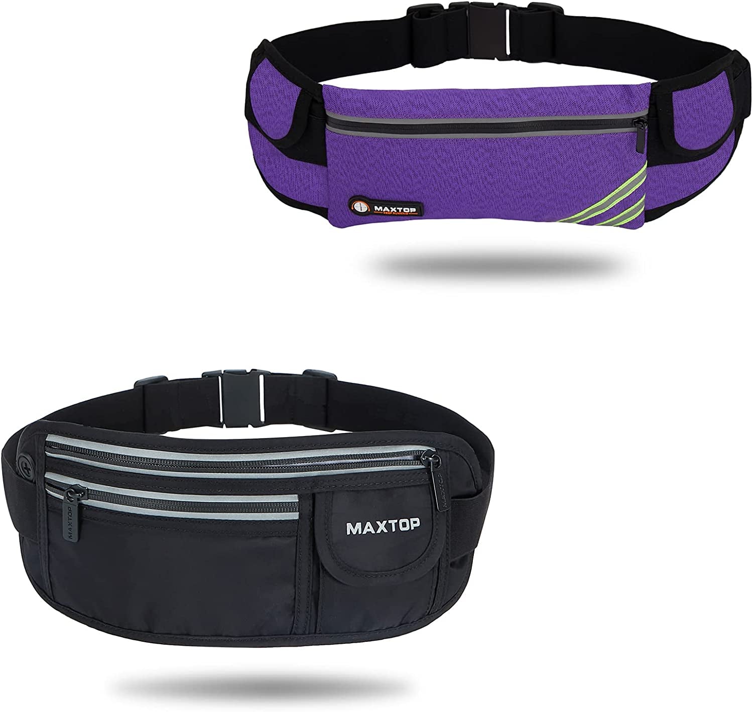 【2 Packs Family Share Bundle】Fanny Packs for Women Men Running Belt Waist Pack Bag for Workout Gym Exercise Walking Hiking Belt Bag Waist Pouch Fits Iphone Cell Phone Holder for Travel Money Belt  MAXTOP Purple+Black 【2 Packs Family Share Bundle】 