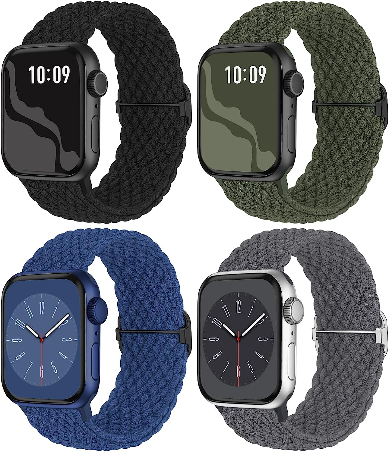 Braided Solo Loop Compatible with Apple Watch Band 38Mm 40Mm 41Mm 42Mm 44Mm 45Mm 49Mm for Women Men, Stretchy Straps Elastic Sport Wristbands for Iwatch Series 8 7 6 5 4 3 2 1 SE Ultra, 4 Packs  Butifacion Black/Gray/Green/Blue 42/44/45/49mm 