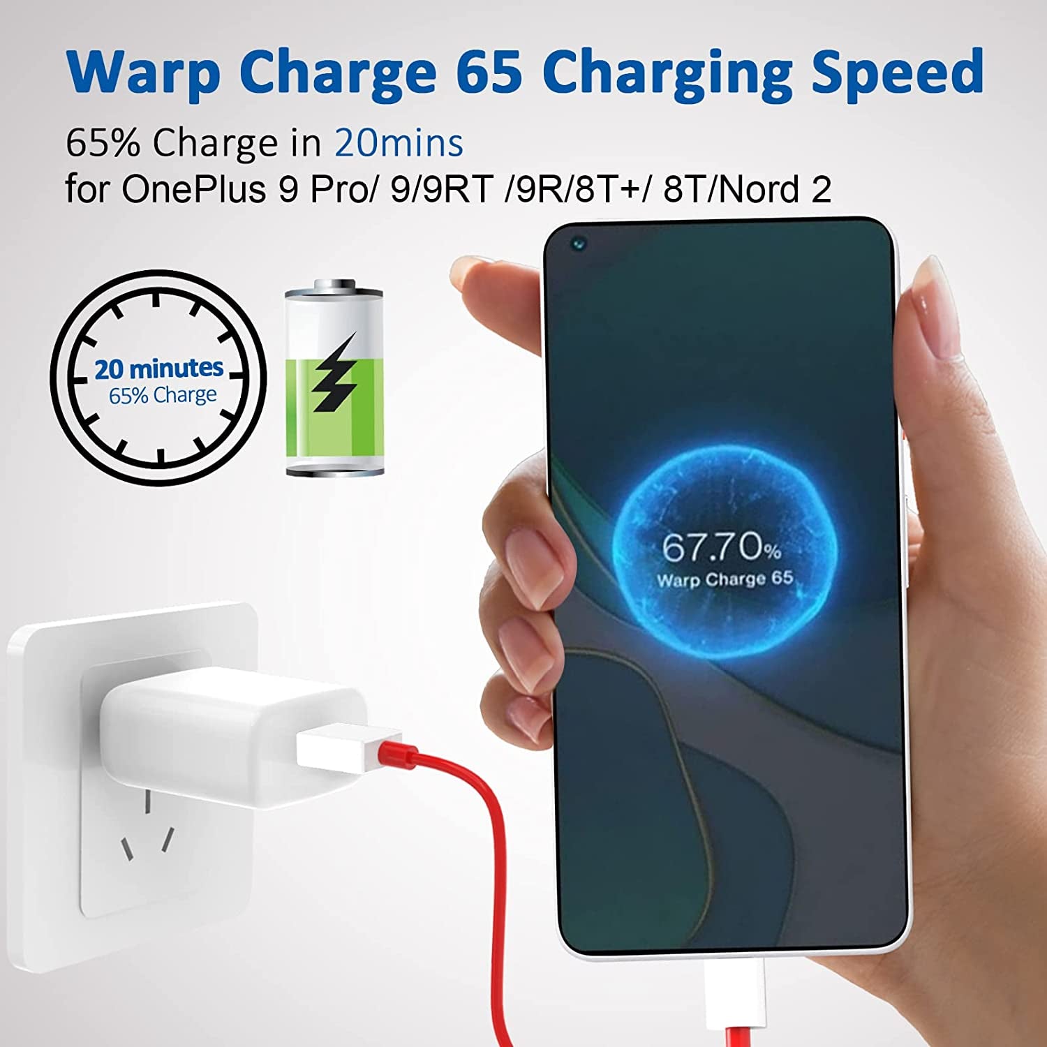 Warp Charger 65W for Oneplus 9R/9RT 5G/9/9 Pro, Oneplus Charger Warp Charge for Oneplus Nord 2 5G/8T/8T+ 5G,USB Wall Plug Block Replacement with Warp Charging USB a to C Cable（3.3Ft）  Shenzhen good-she technology Co., Ltd.   